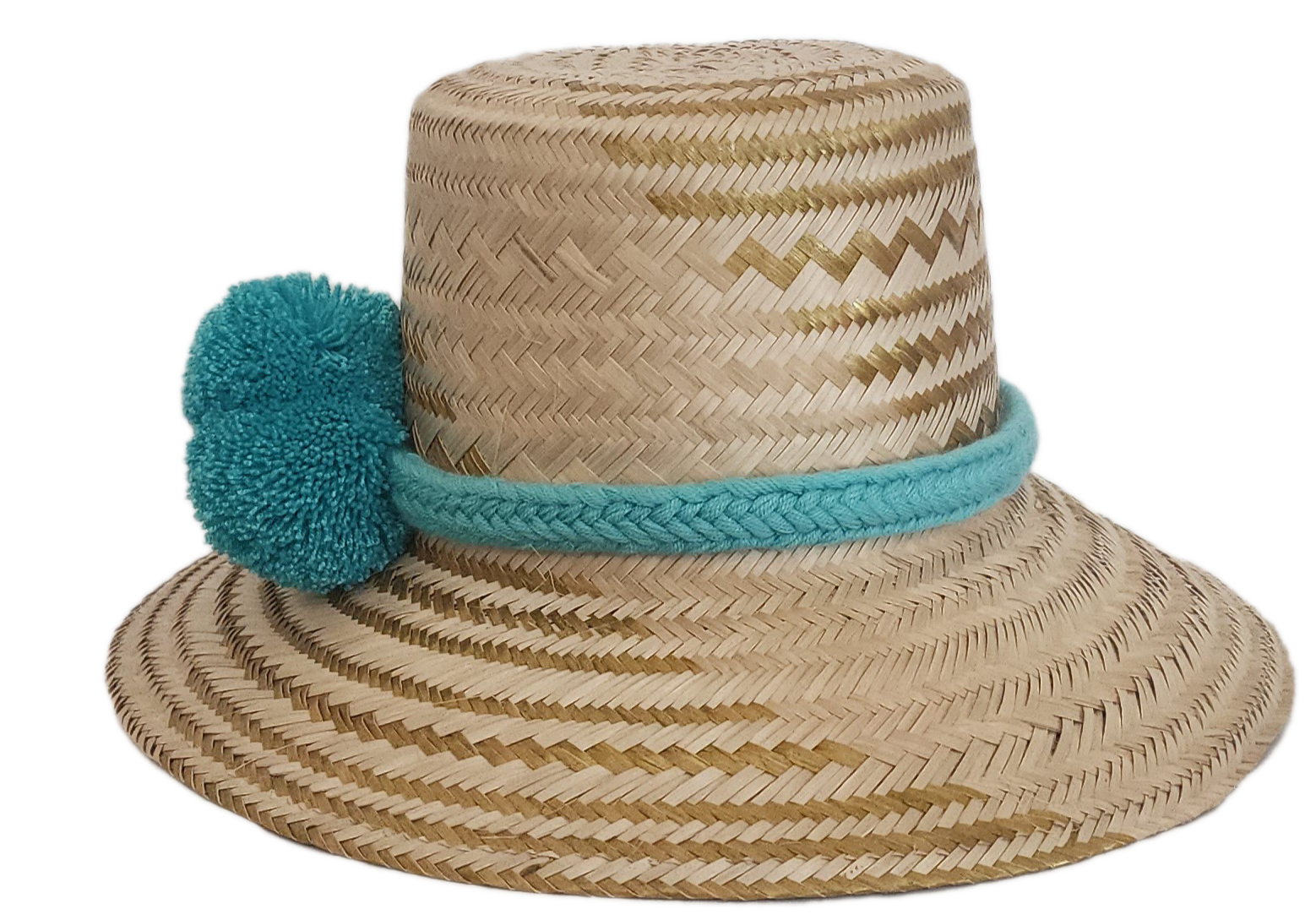 Handwoven Wayuu hat with coastal turquoise pom-poms and matching yarn band — artisan-crafted.