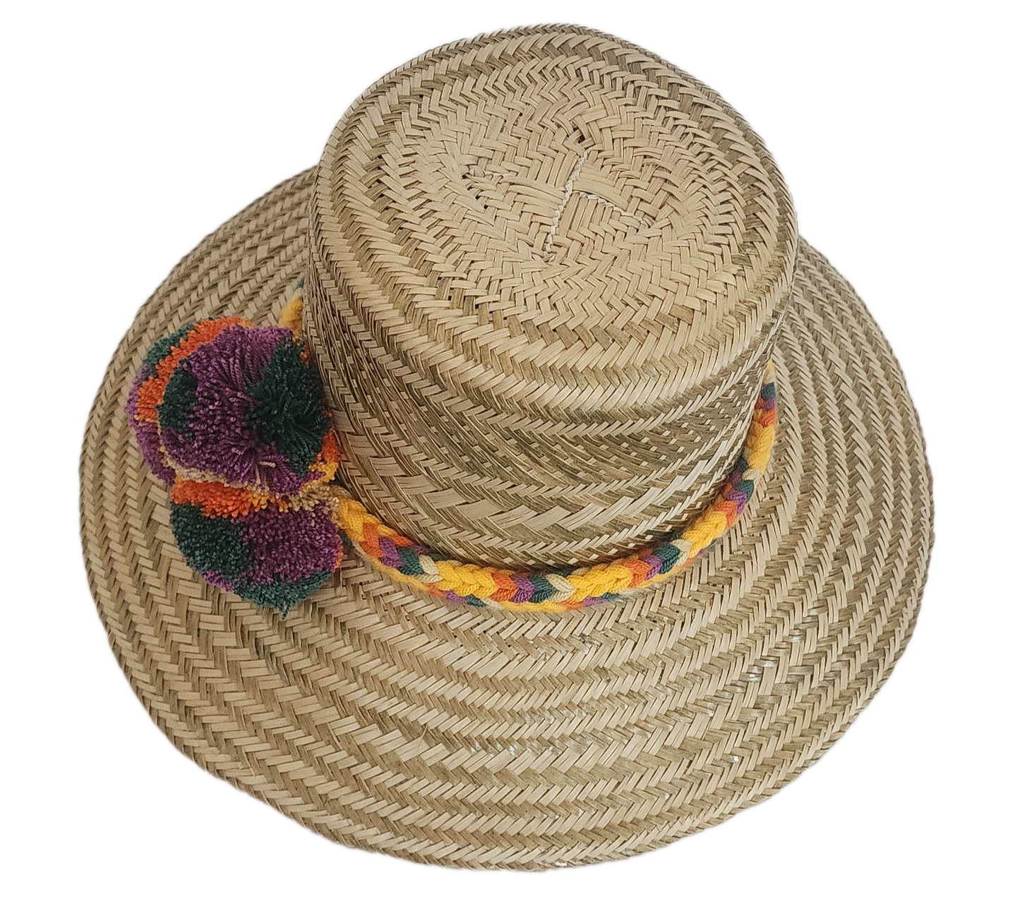 Eco-friendly Wayuu straw sun hat with colorful pom-poms and handwoven band — handmade and bohemian.