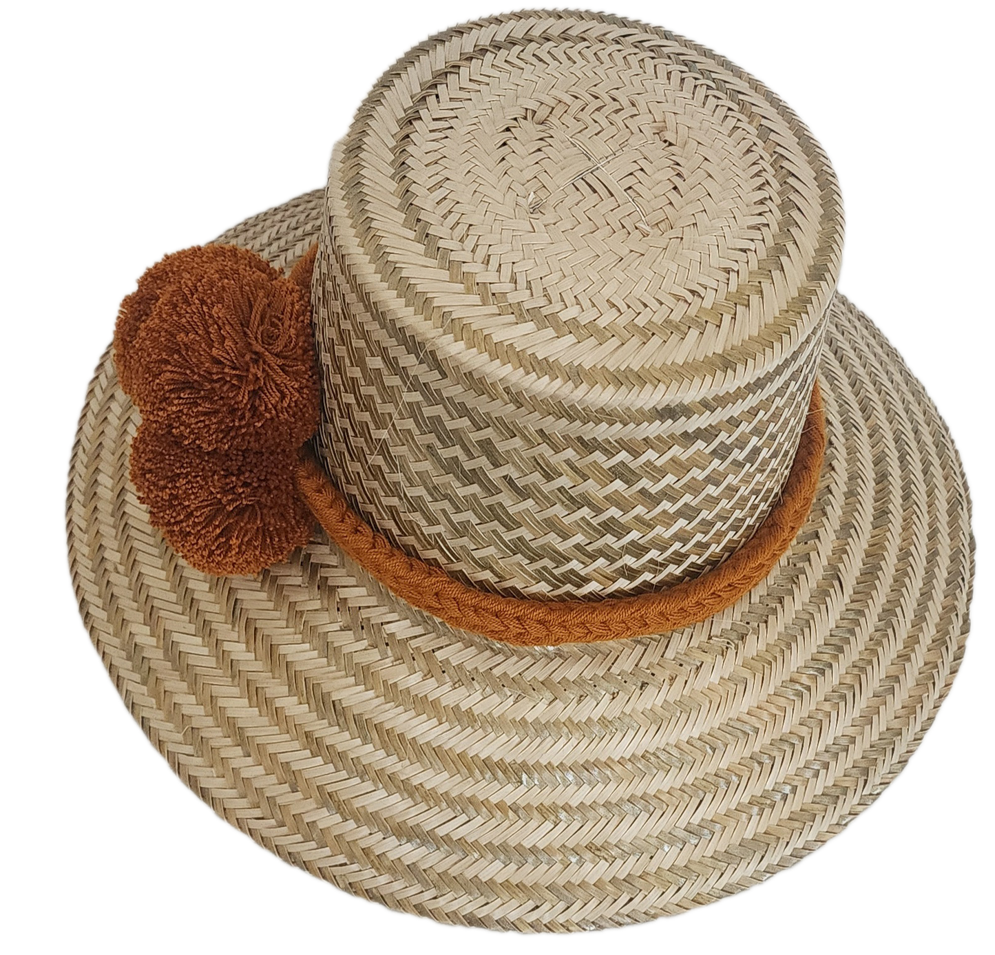 Handwoven Wayuu hat with neutral brown details — straw base, braided band, and pom-poms. Handmade and bohemian.