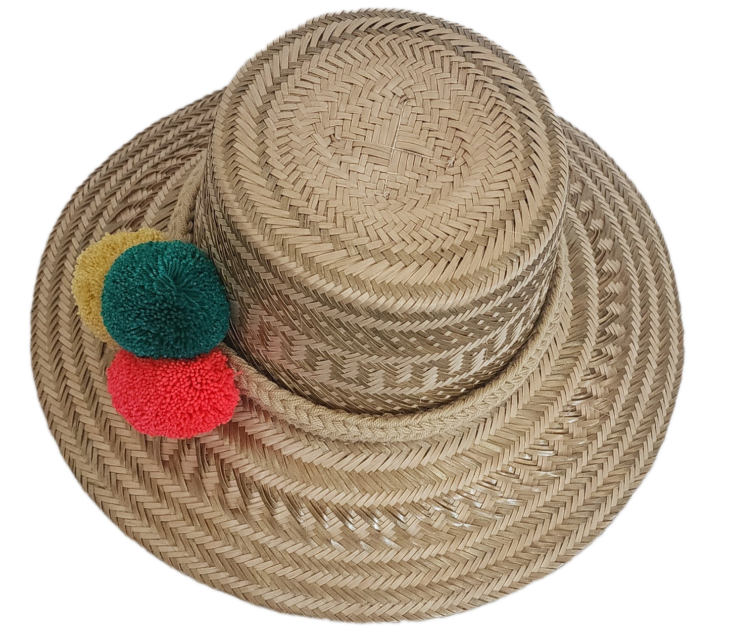 Traditional Wayuu straw hat with colorful pom-poms and a handwoven beige band — handmade and bohemian.