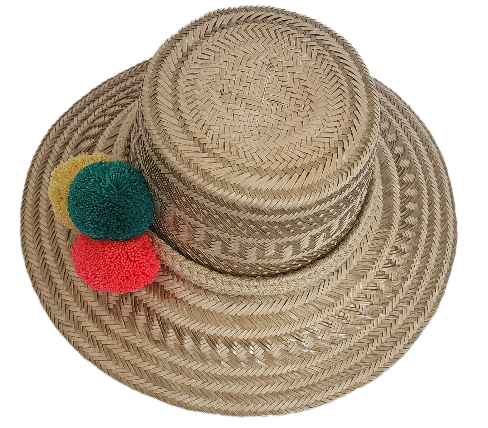 Traditional Wayuu straw hat with colorful pom-poms and a handwoven beige band — handmade and bohemian.