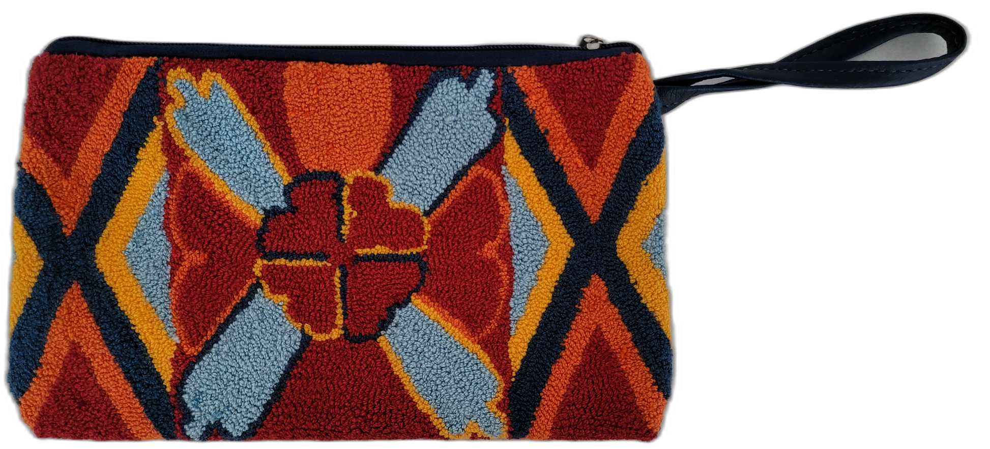 1 Rylie bohemian clutch with bold geometric punch needle design in warm colors

