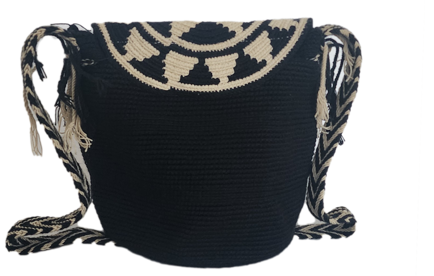 Black and cream Wayuu crochet bag with flap lid, tassels, and artisanal design—perfect for bohemian style lovers.