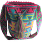 Boho Wayuu artisan bag in bright pink, yellow, turquoise, and black with a vibrant crochet strap.