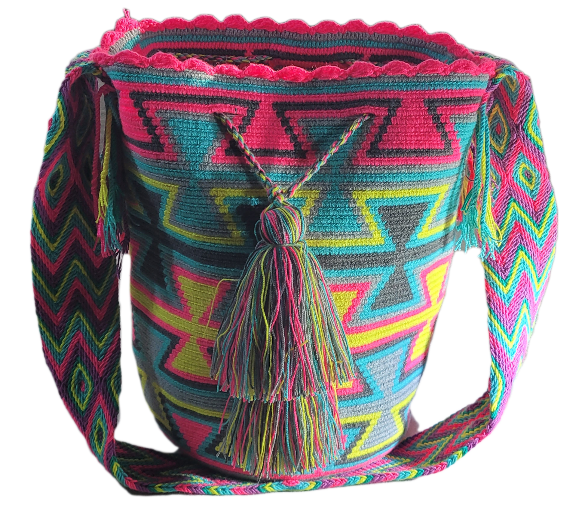 Boho Wayuu artisan bag in bright pink, yellow, turquoise, and black with a vibrant crochet strap.