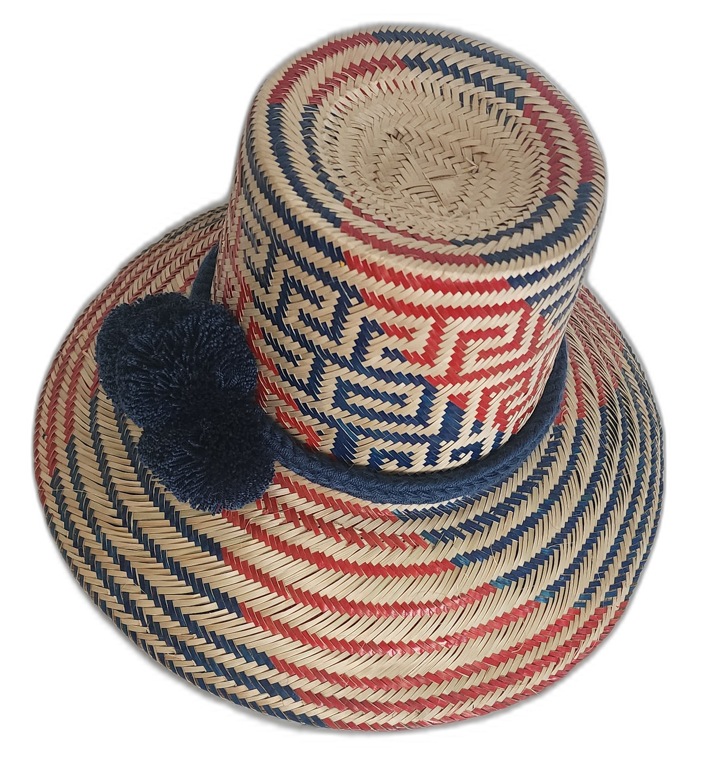 Handmade Bohemian Straw Hat with bold blue and red accents and a traditional pompom