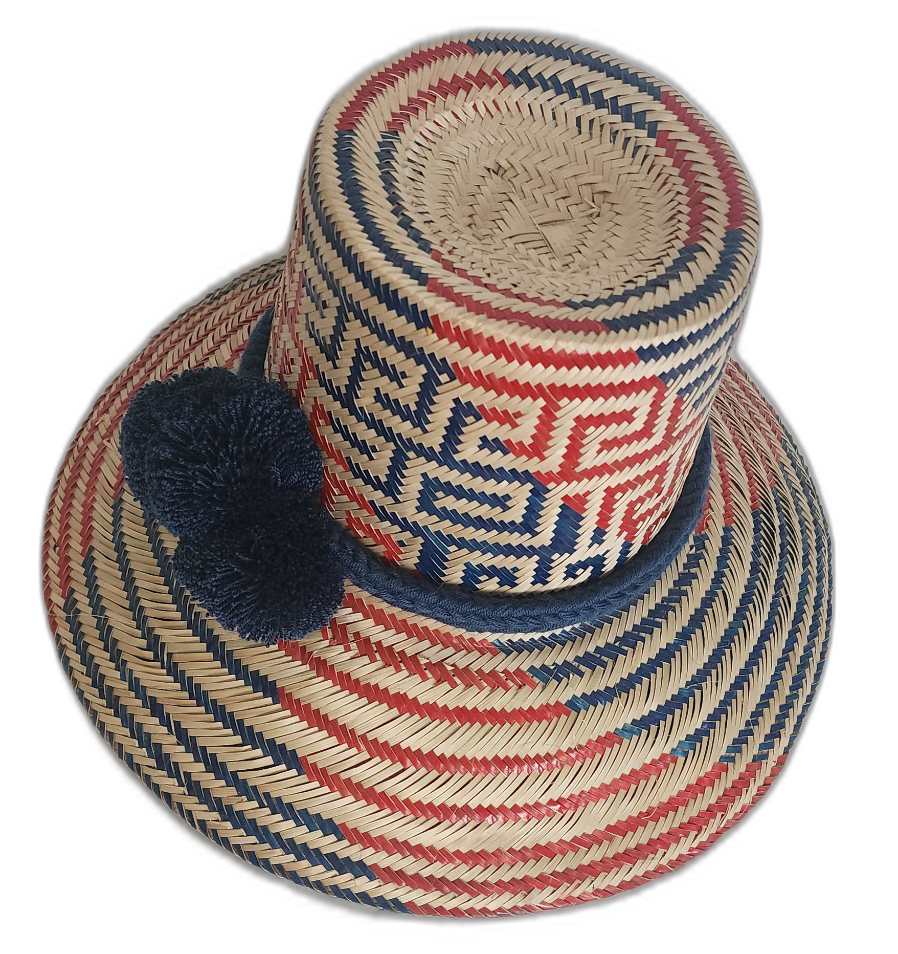 Handmade Bohemian Straw Hat with bold blue and red accents and a traditional pompom