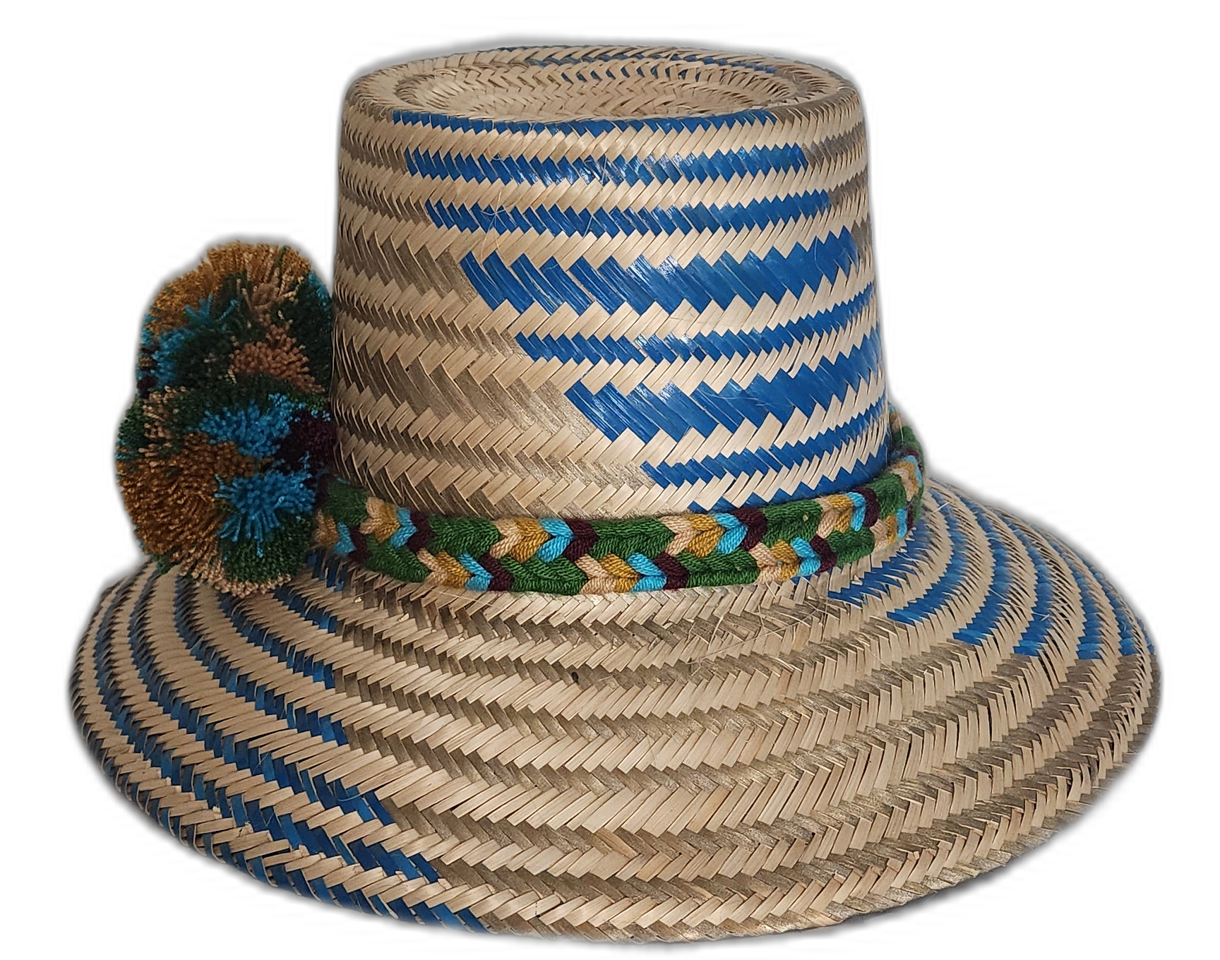 Bohemian chick straw hat with multicolor pompom and braided band