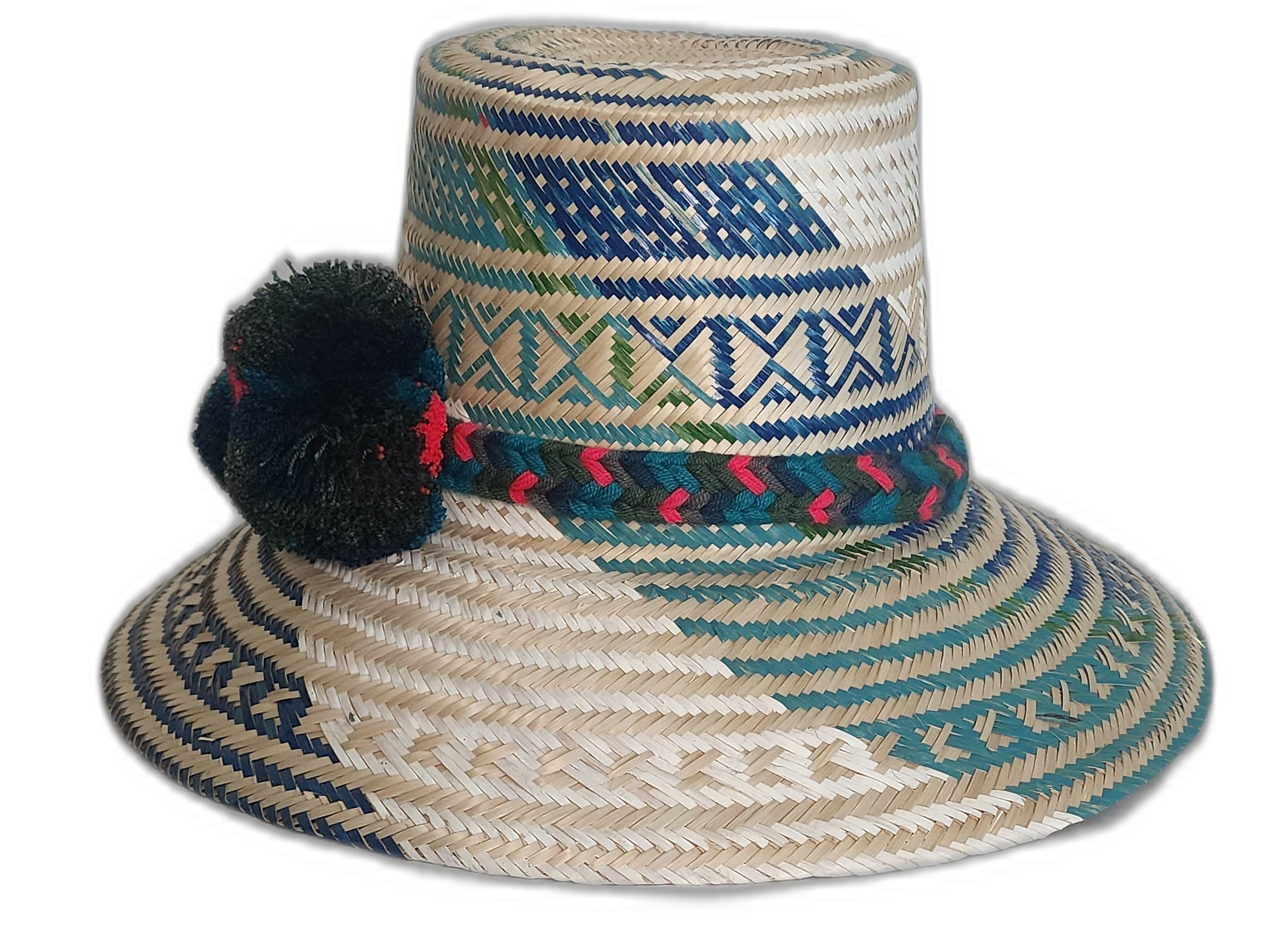 Colorful Wayuu hat with forest-toned straw weaving and vibrant handmade pompoms.