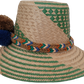 Bohemian straw hat by Wuitusu featuring green patterns and colorful pompoms

