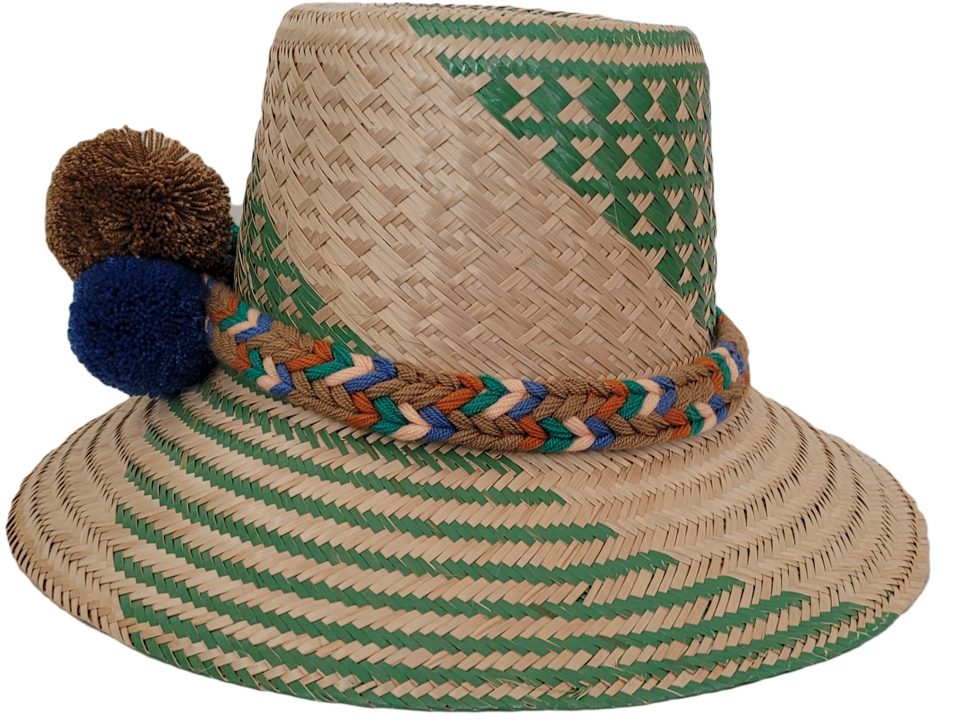 Bohemian straw hat by Wuitusu featuring green patterns and colorful pompoms

