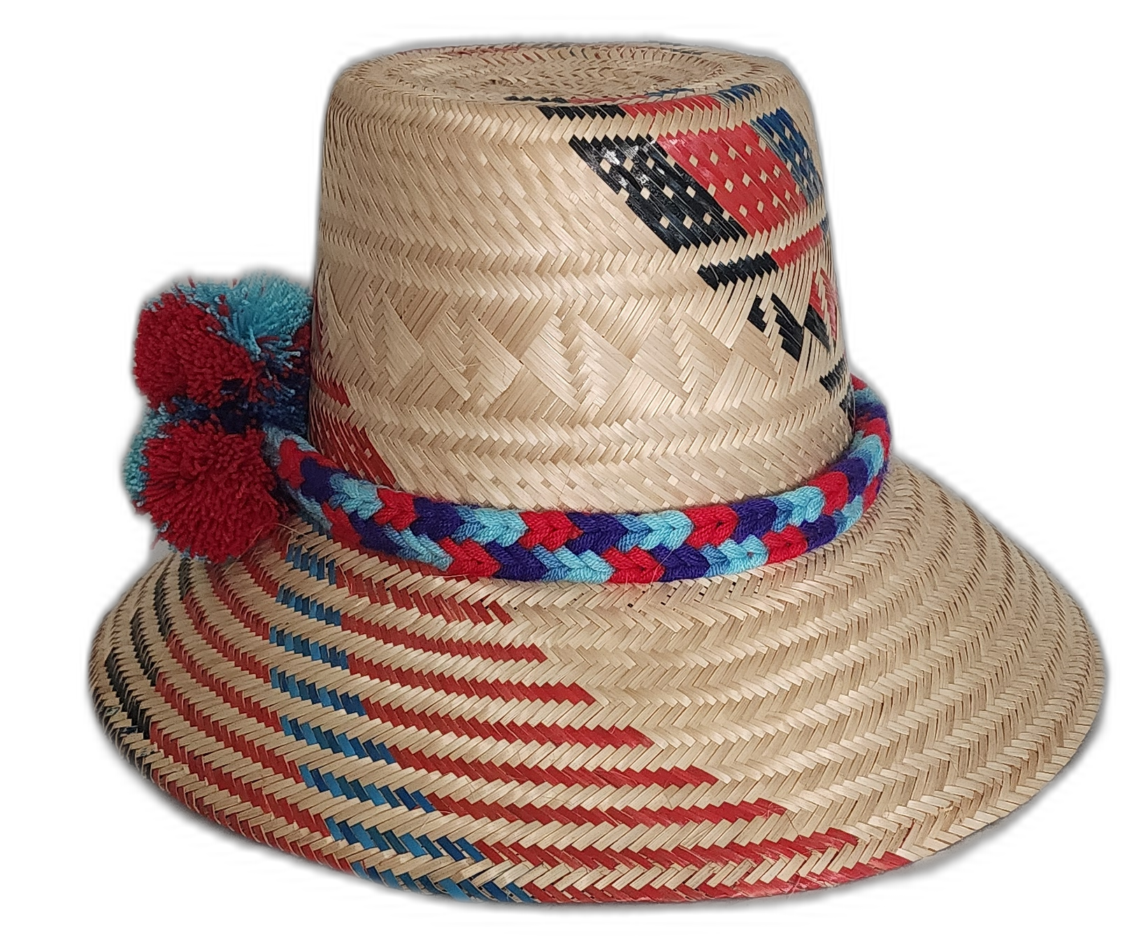 Boho chick straw hat featuring red and turquoise pompoms and tribal weave