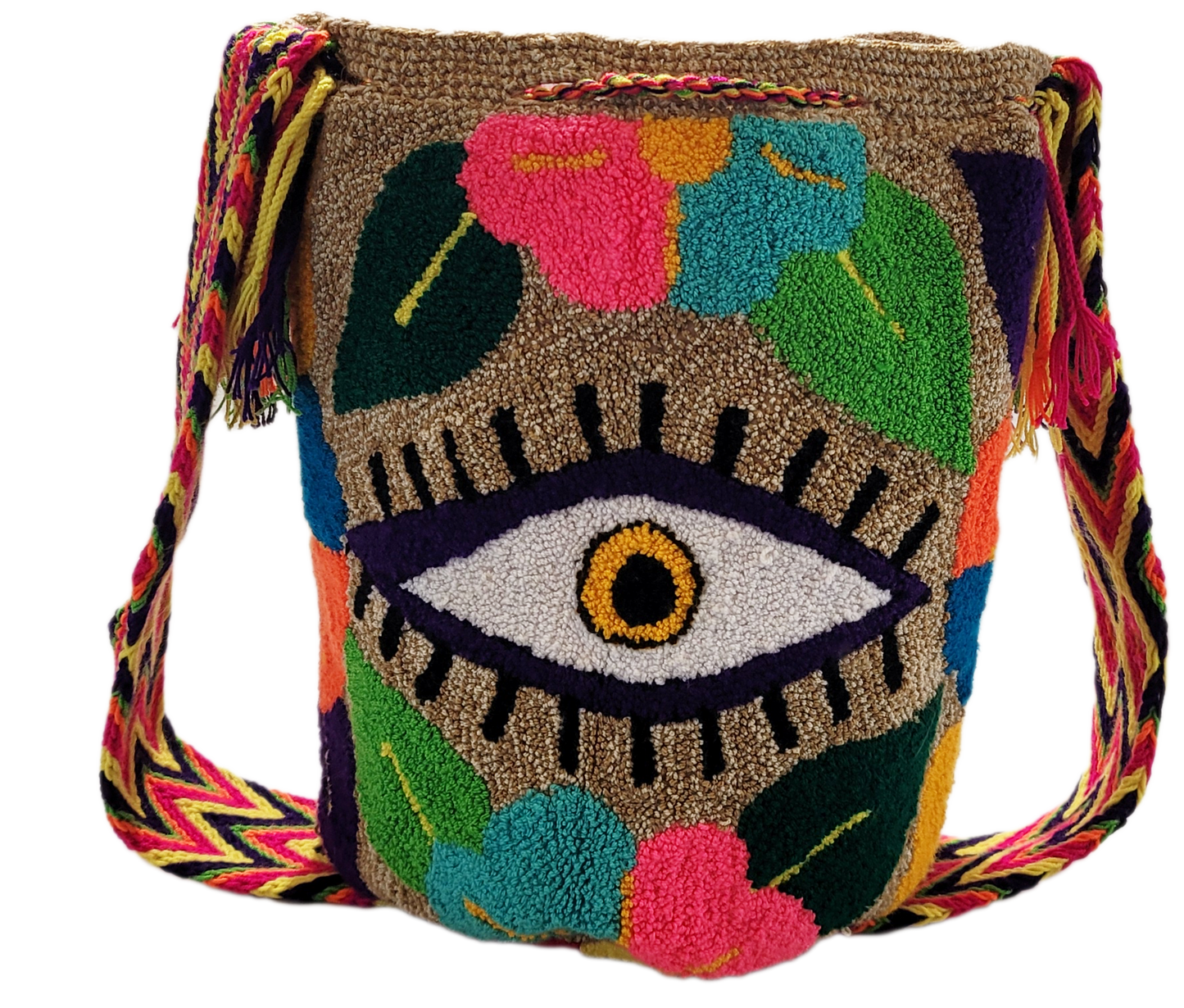 Boho tote bag in soft pink and cream, colorful crochet by Wayuu women