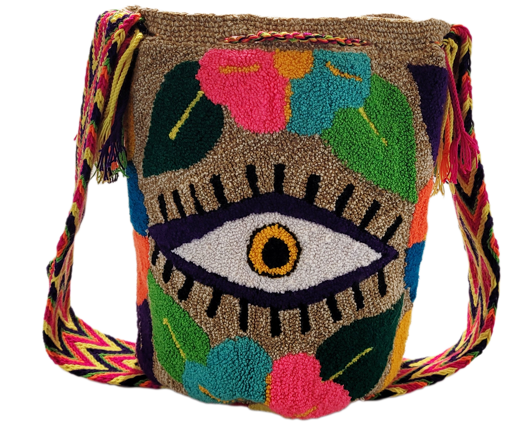 Boho tote bag in soft pink and cream, colorful crochet by Wayuu women