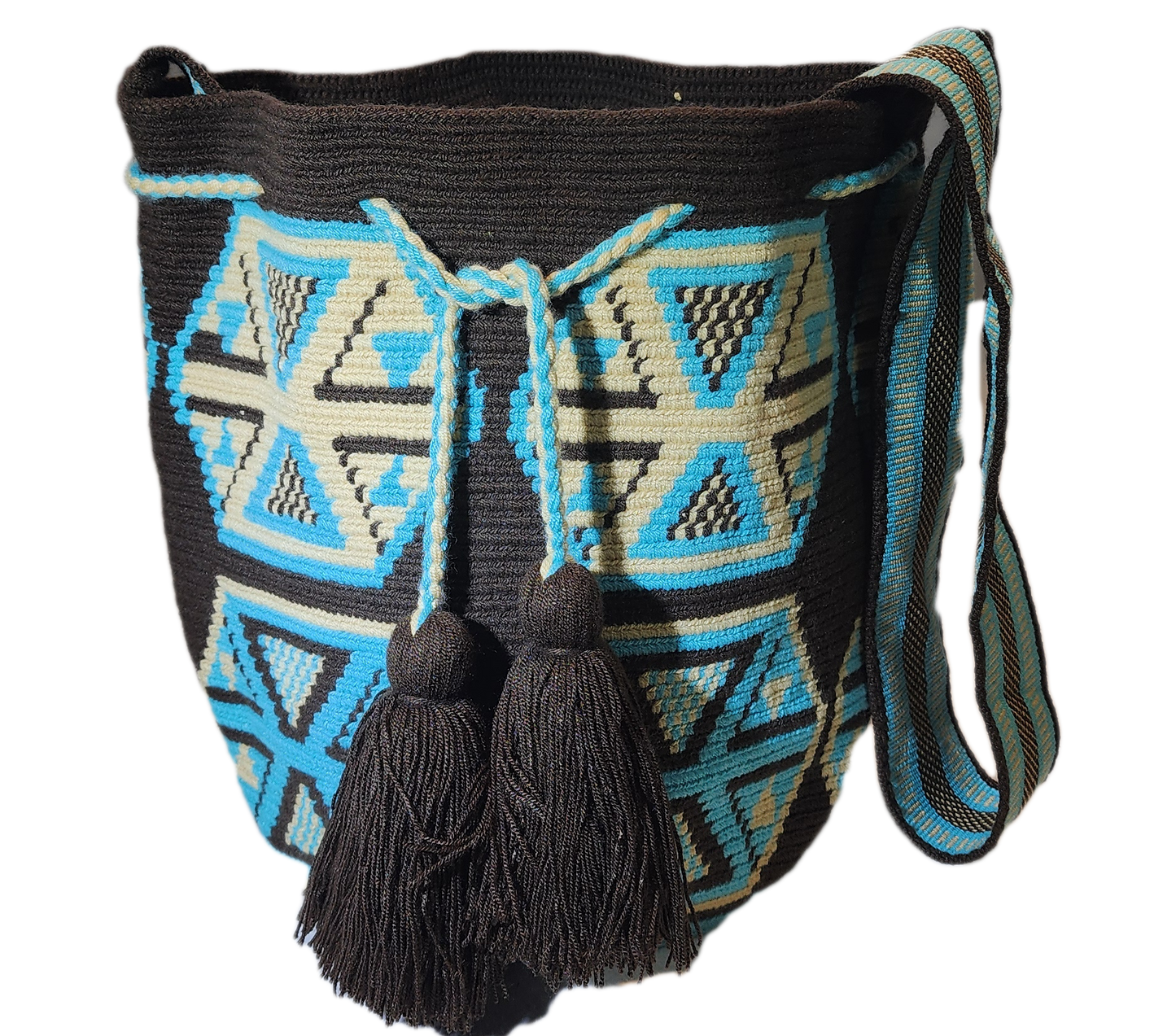 Boho chick Wayuu bag in black with geometric motifs and black tassels.