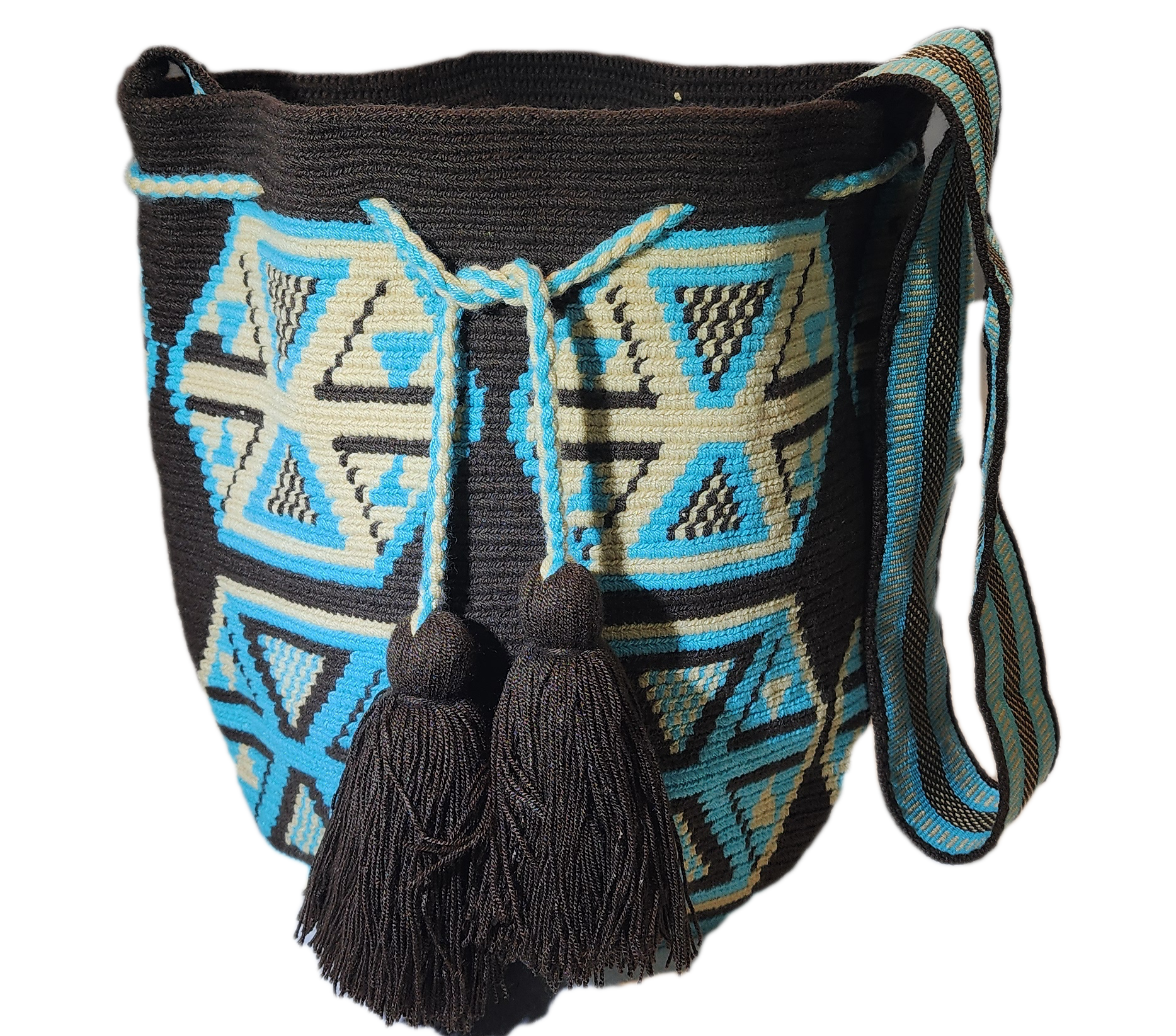 Boho chick Wayuu bag in black with geometric motifs and black tassels.