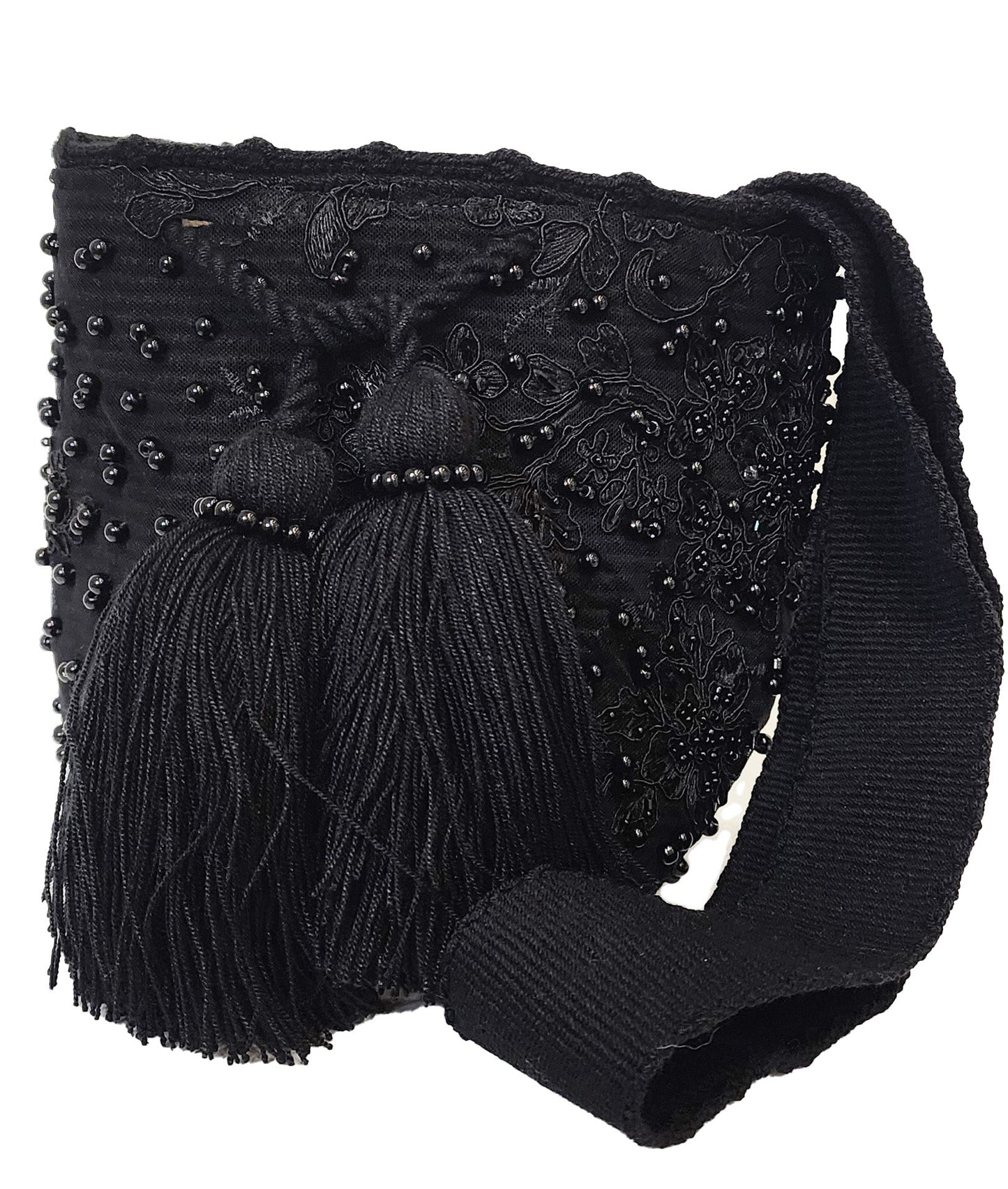 Boho chick crochet bag in black with subtle beadwork and wide woven strap.