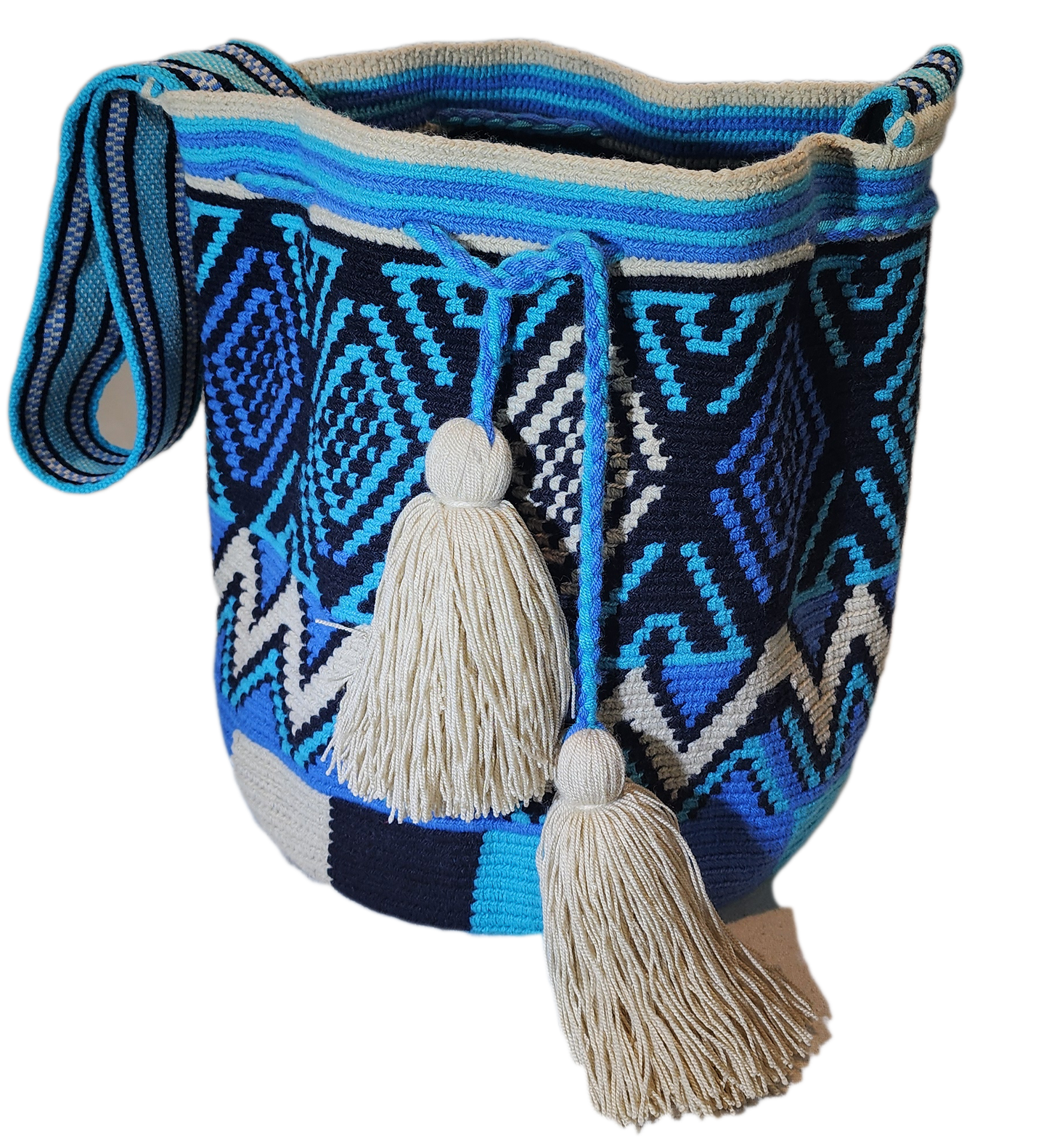 Boho chick bag featuring bold tribal designs and large cream tassels.