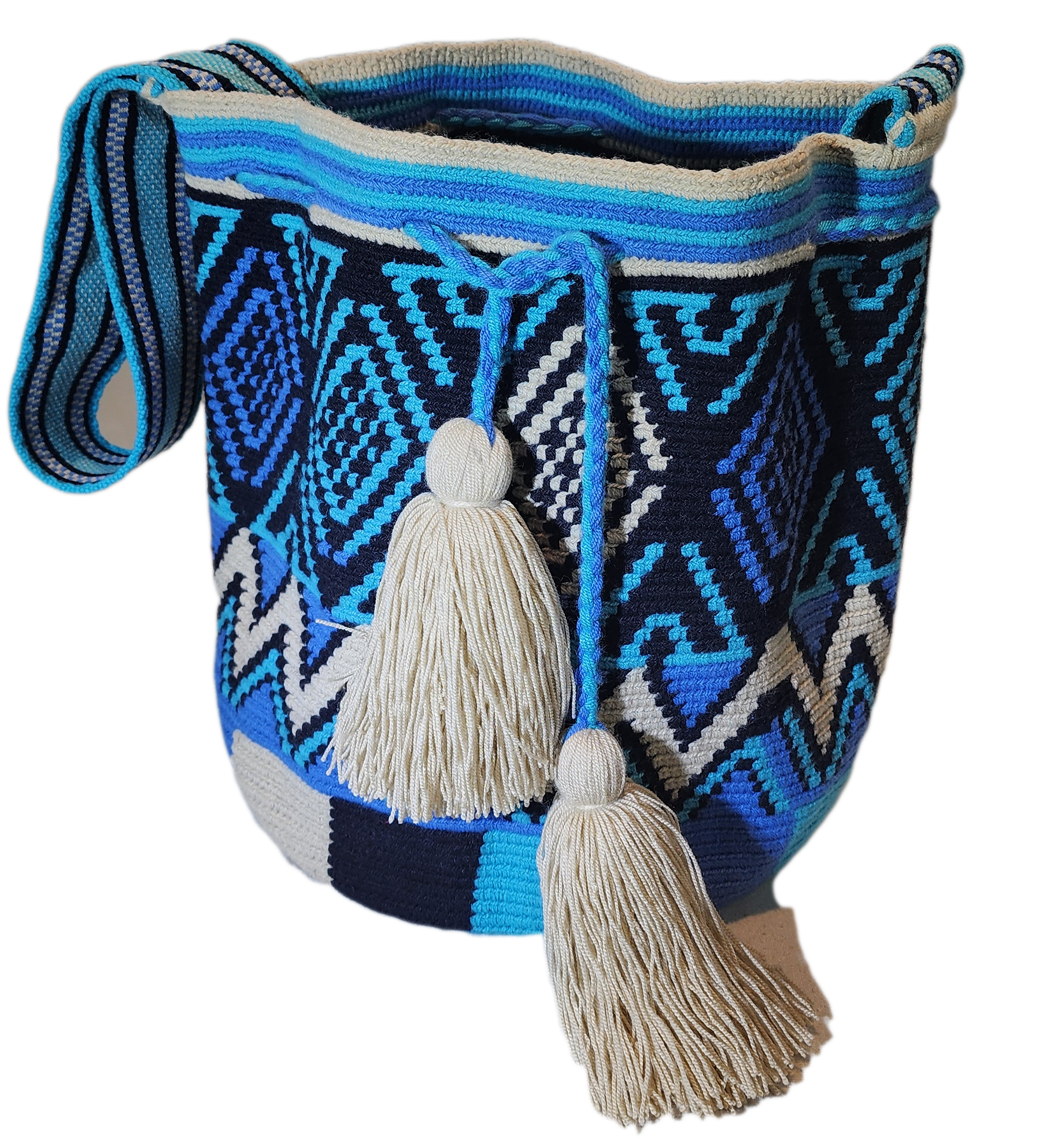 Boho chick bag featuring bold tribal designs and large cream tassels.
