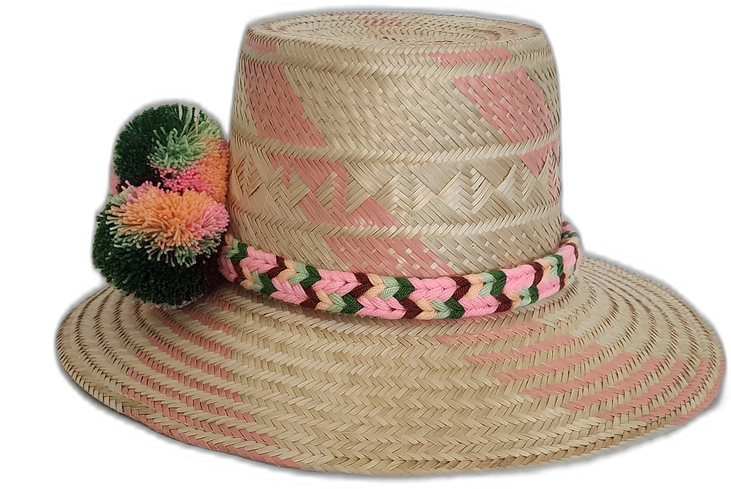 Handmade bohemian straw hat with colorful pompoms and geometric pink pattern.