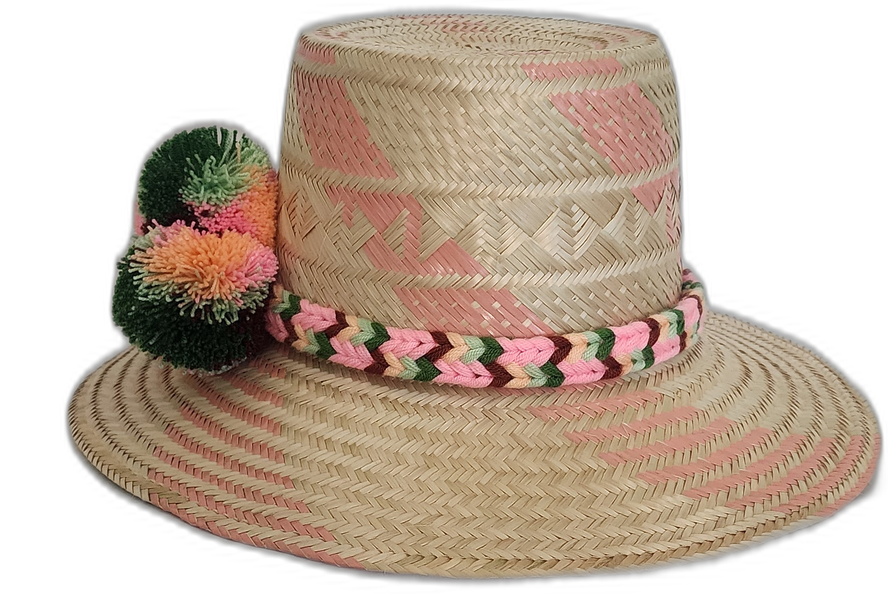 Handmade bohemian straw hat with colorful pompoms and geometric pink pattern.