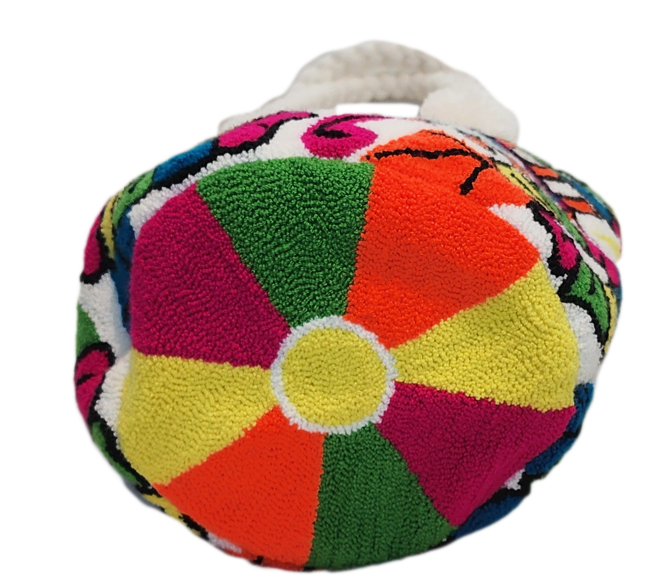 Floral and eye motif punch needle Wayuu bag in boho colors