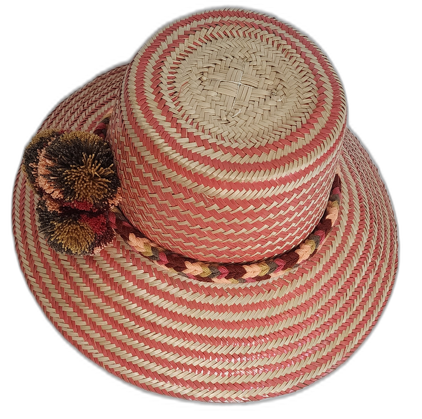 Handmade straw hat in bold pink and cream zigzag pattern with Boho chic styling details.
