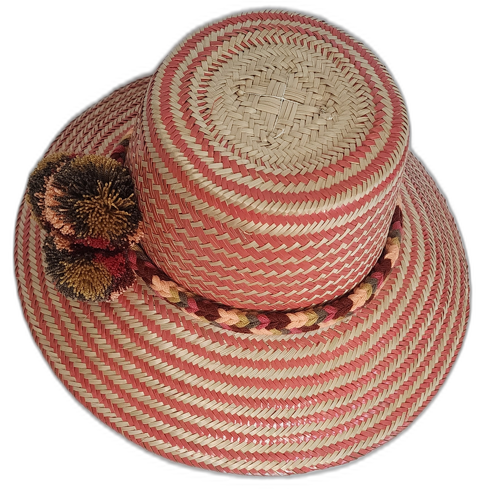 Handmade straw hat in bold pink and cream zigzag pattern with Boho chic styling details.