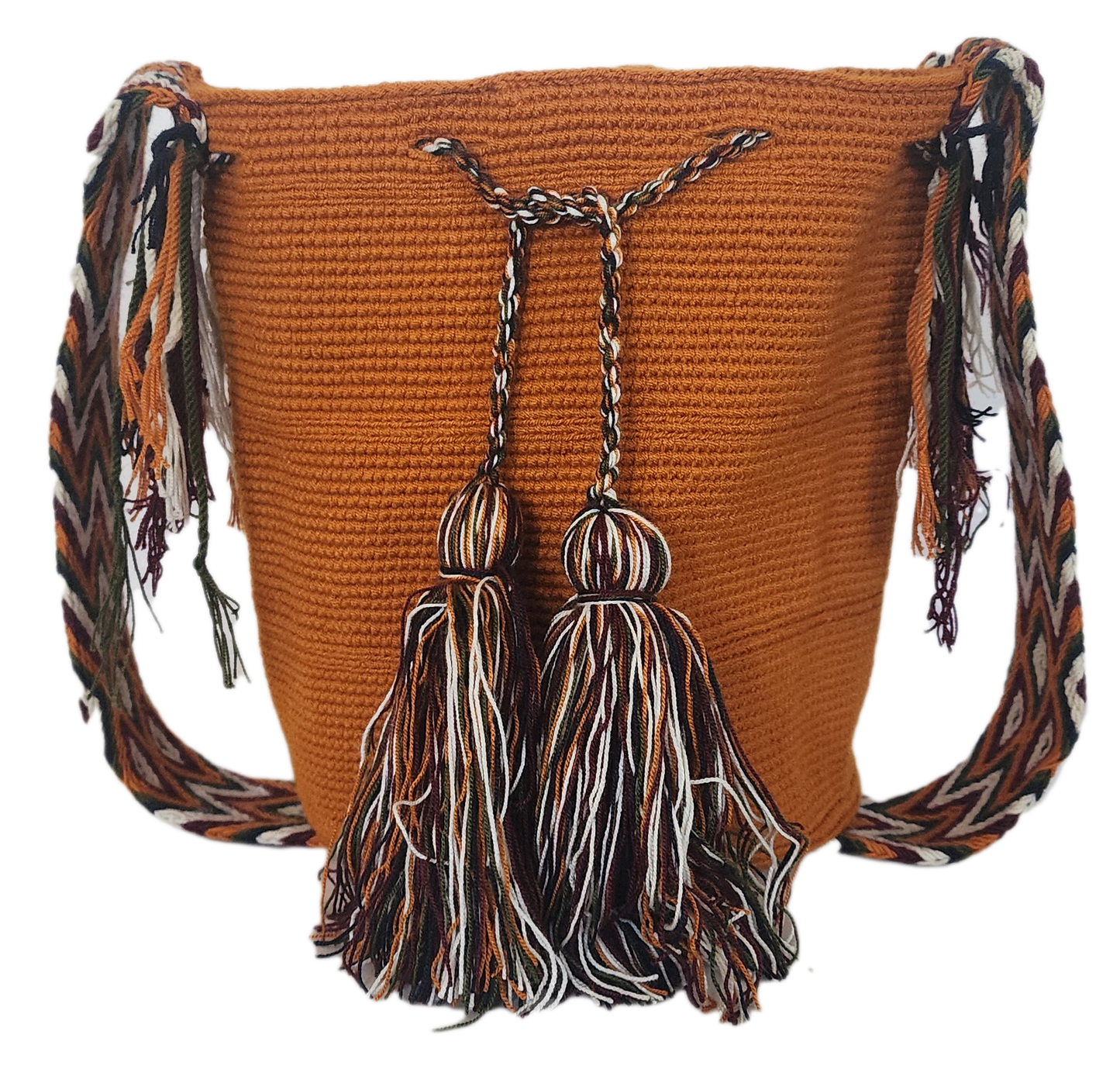 Handmade Wayuu mochila in vibrant orange with multicolor tassels and a chevron crochet strap — a Bohemian statement for everyday style.