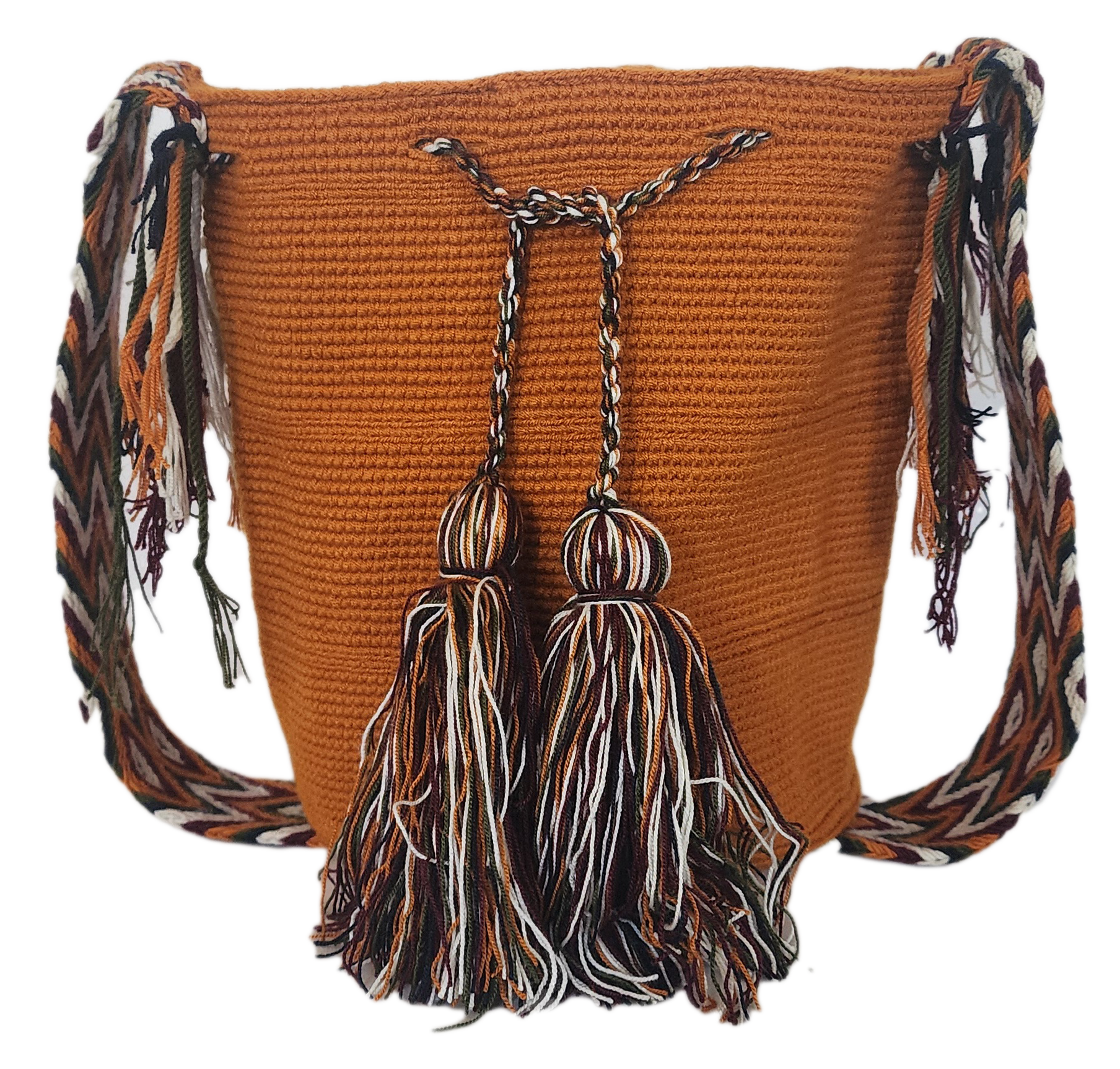 Handmade Wayuu mochila in vibrant orange with multicolor tassels and a chevron crochet strap — a Bohemian statement for everyday style.