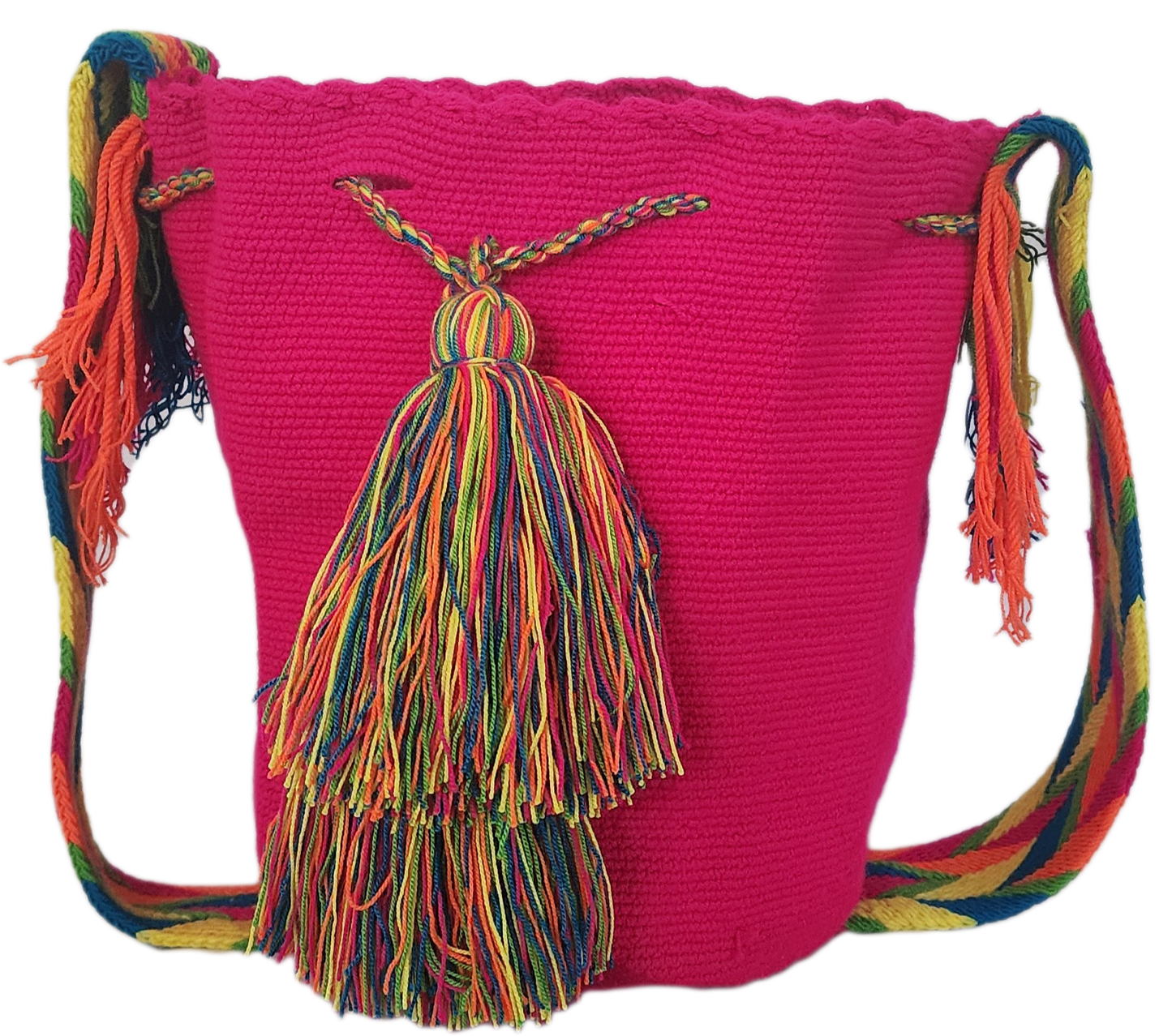Artisan-crafted Bohemian Wayuu bag in pink, adorned with colorful tassels and a rainbow strap — perfect for summer flair.