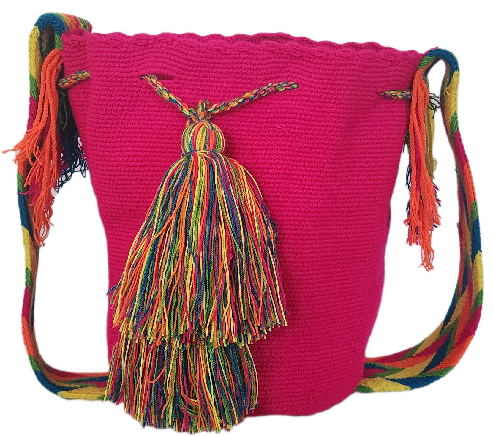 Artisan-crafted Bohemian Wayuu bag in pink, adorned with colorful tassels and a rainbow strap — perfect for summer flair.