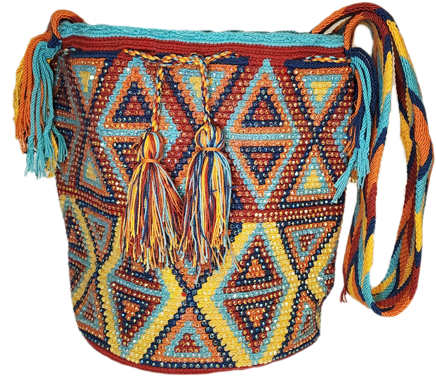 Boho chick crochet bag in sunset colors with crystal-studded geometric design.