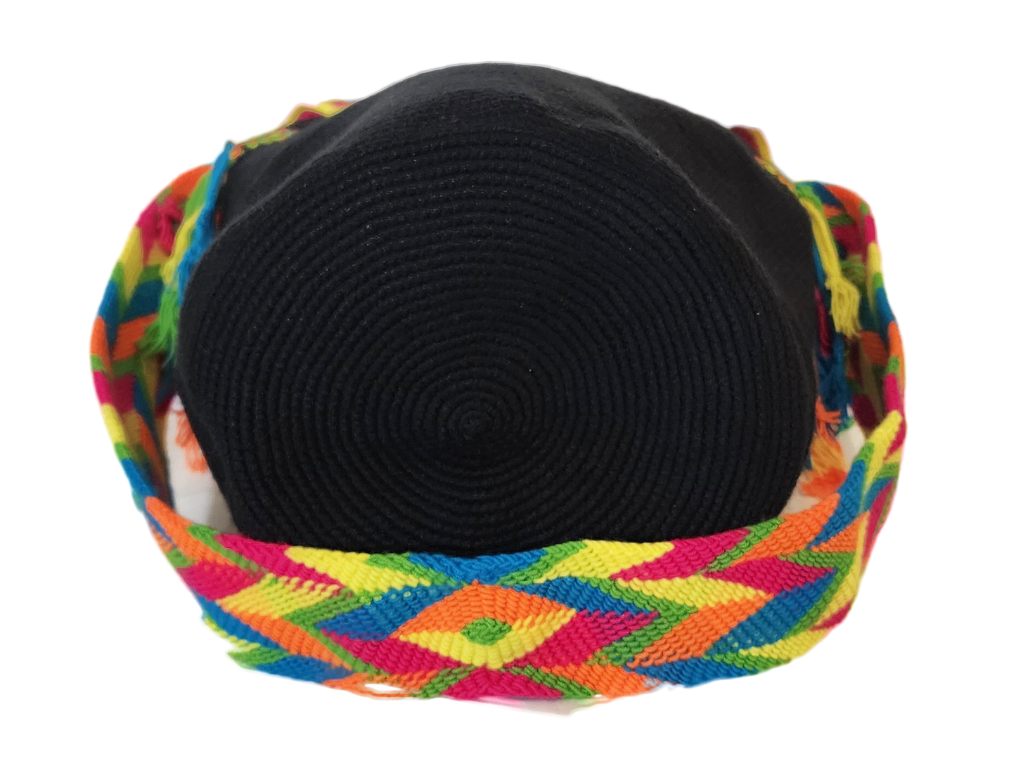 Bright and colorful handmade Wayuu bag with geometric sunburst crochet details