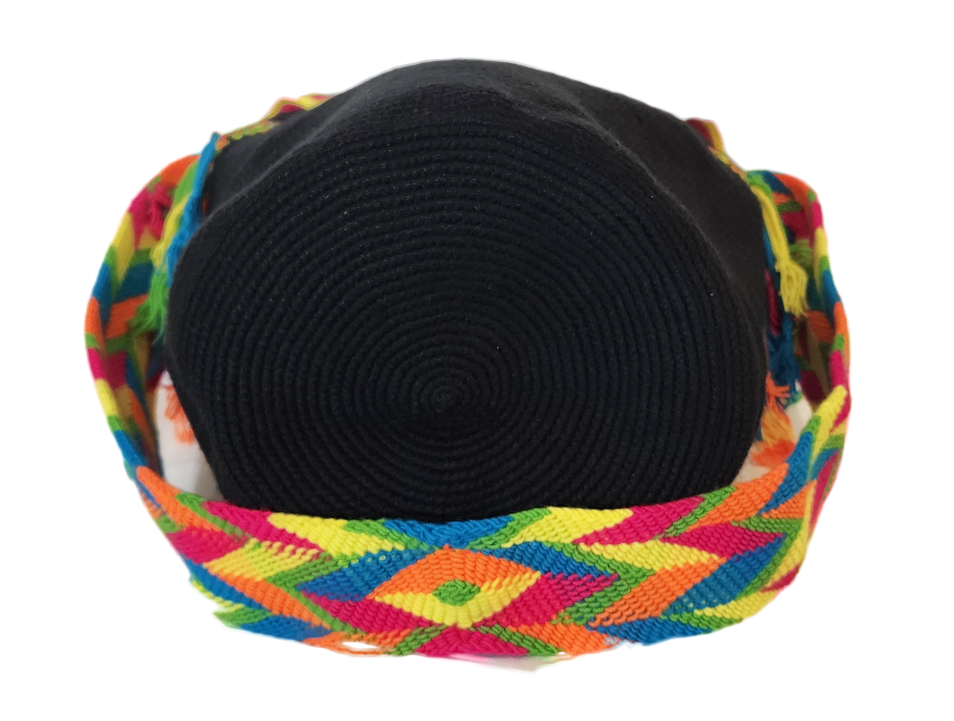Bright and colorful handmade Wayuu bag with geometric sunburst crochet details