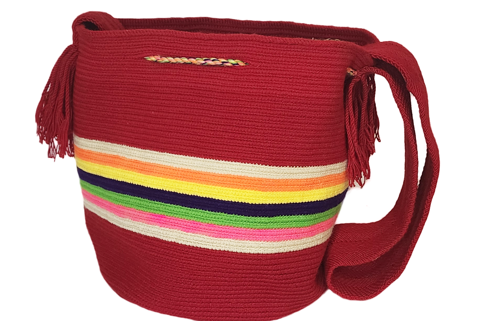 Bottom view Colorful striped Carina large Wayuu bag, handmade in bohemian crochet style