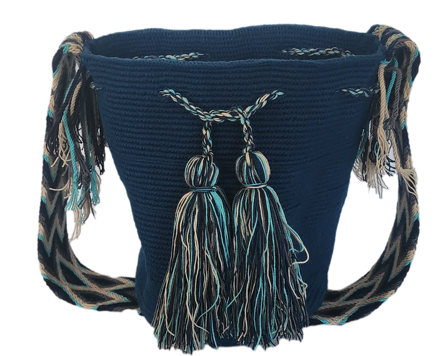 "Handmade colorful crochet bag by Wayuu women of Colombia, showcasing vibrant, symbolic designs and bohemian style."