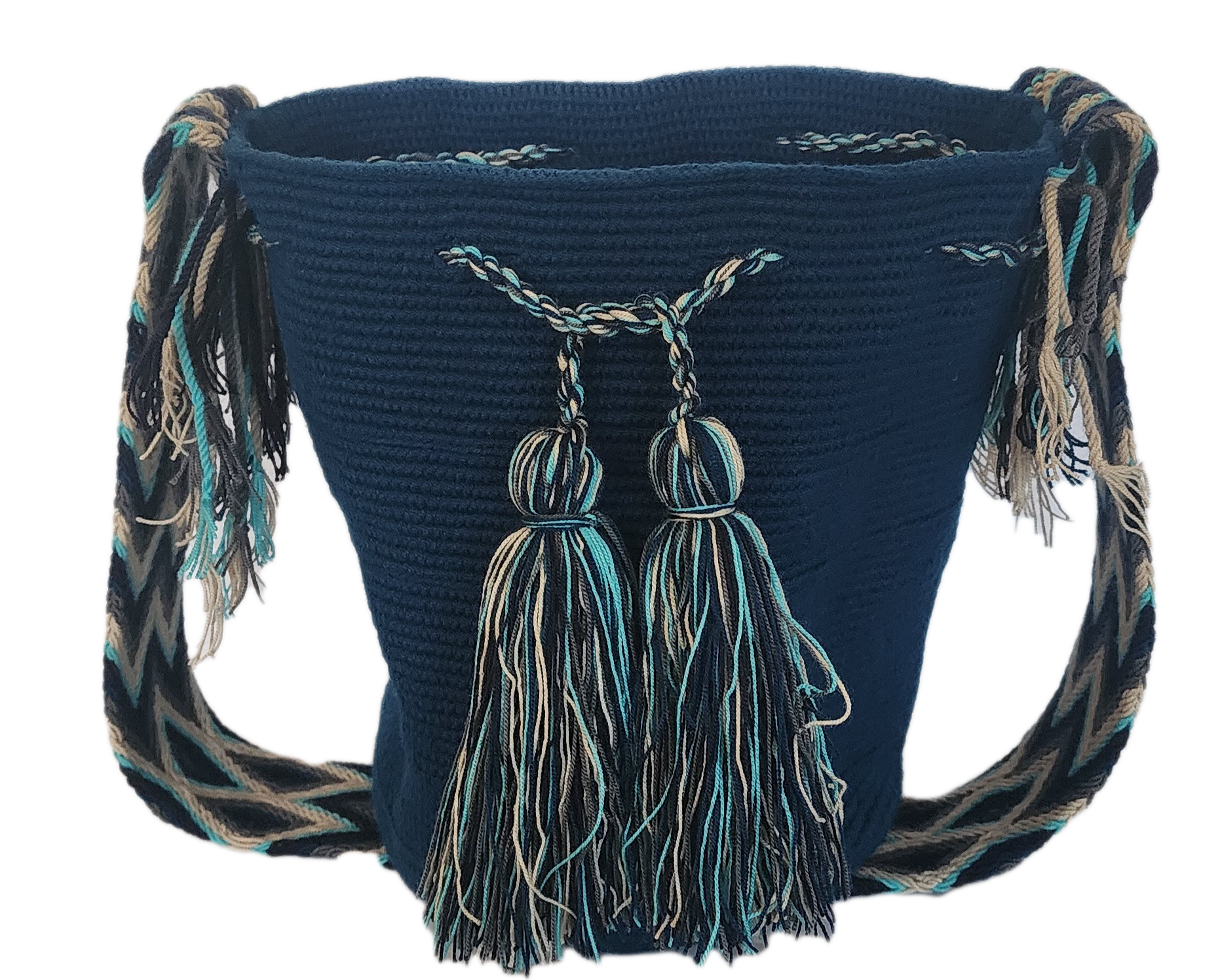 Bottom view "Handmade colorful crochet bag by Wayuu women of Colombia, showcasing vibrant, symbolic designs and bohemian style."