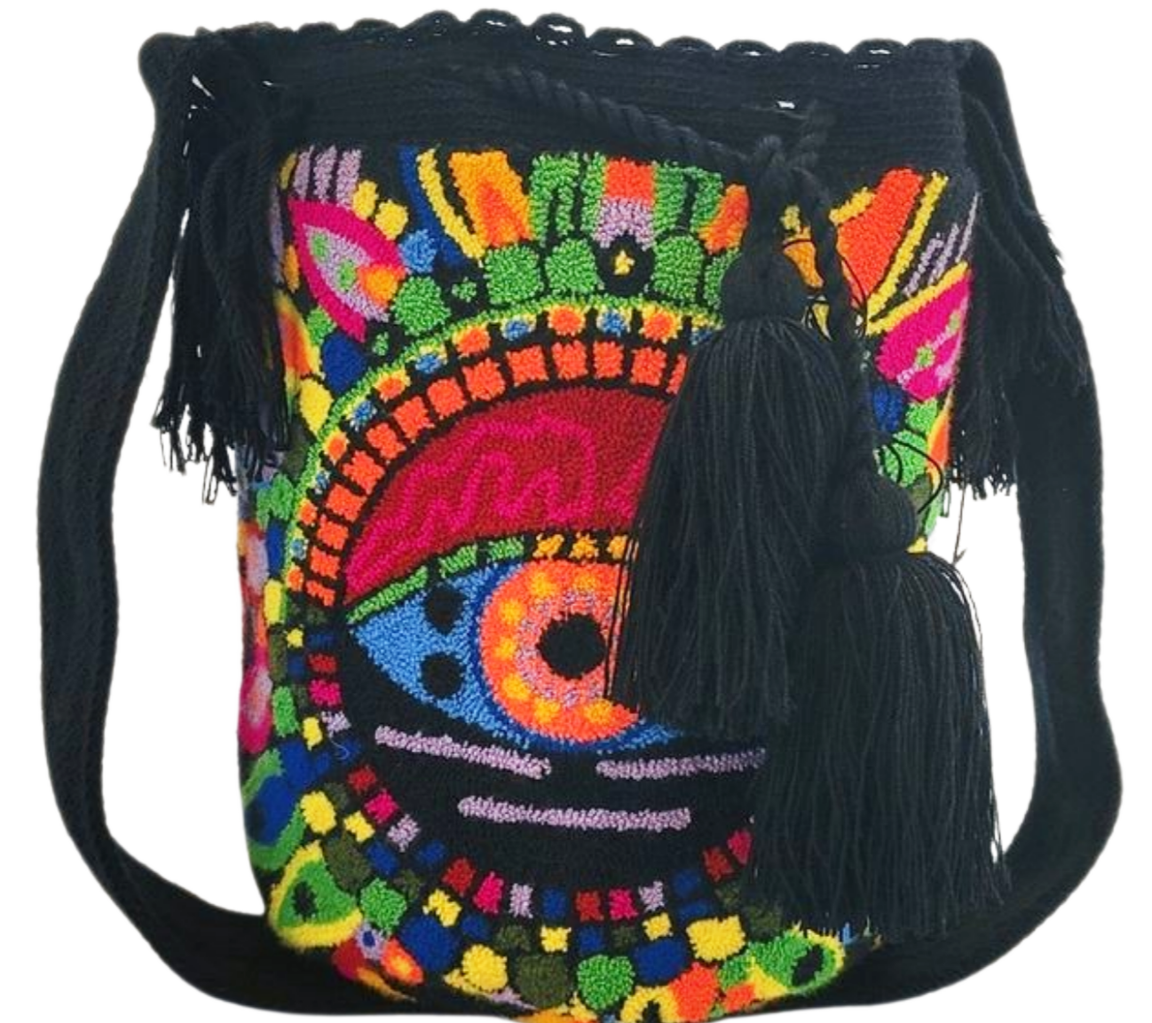 Boho-chick Wayuu punch-needle bag in colorful crochet art style