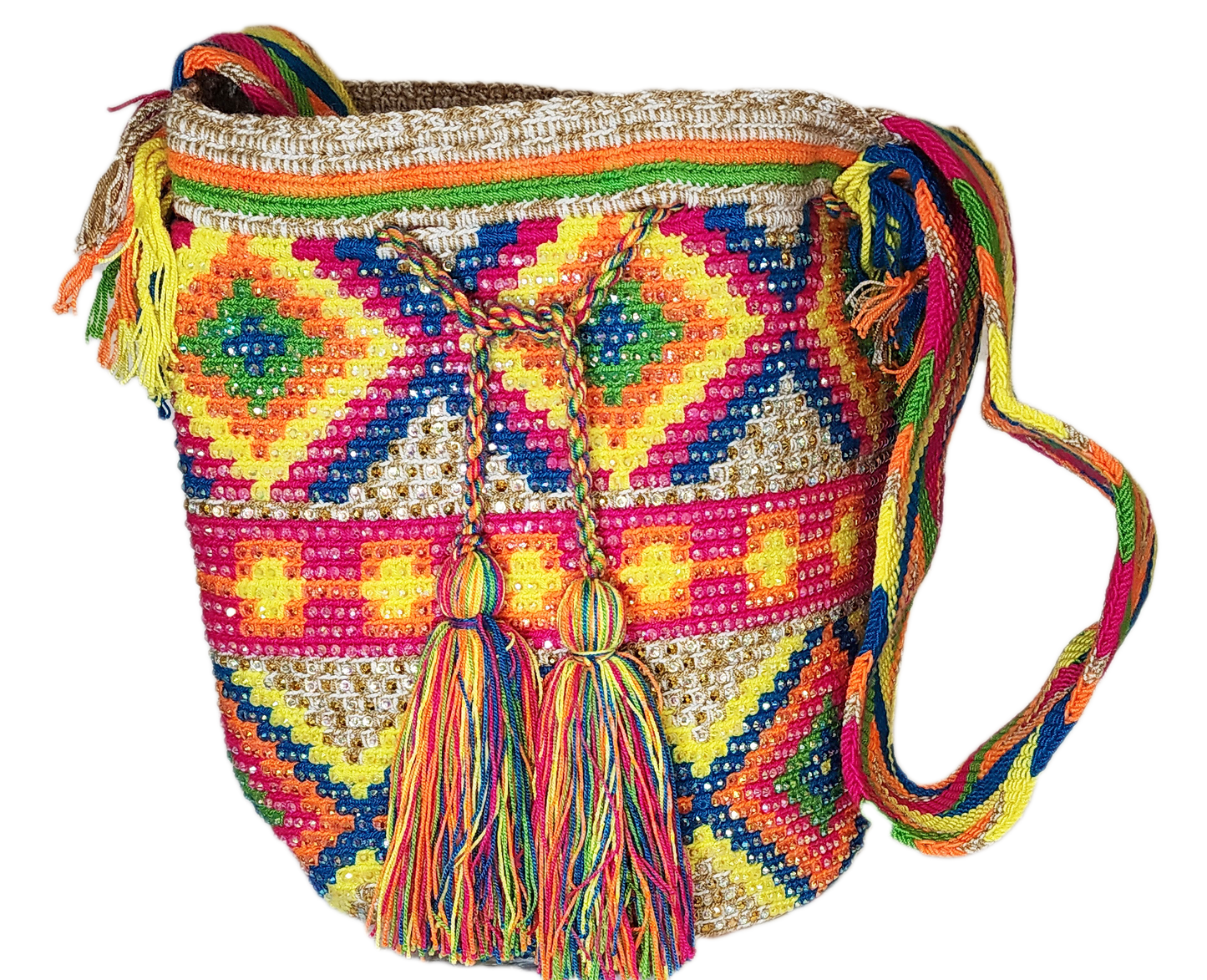Boho chick bag featuring vibrant woven patterns and hand-applied crystals.