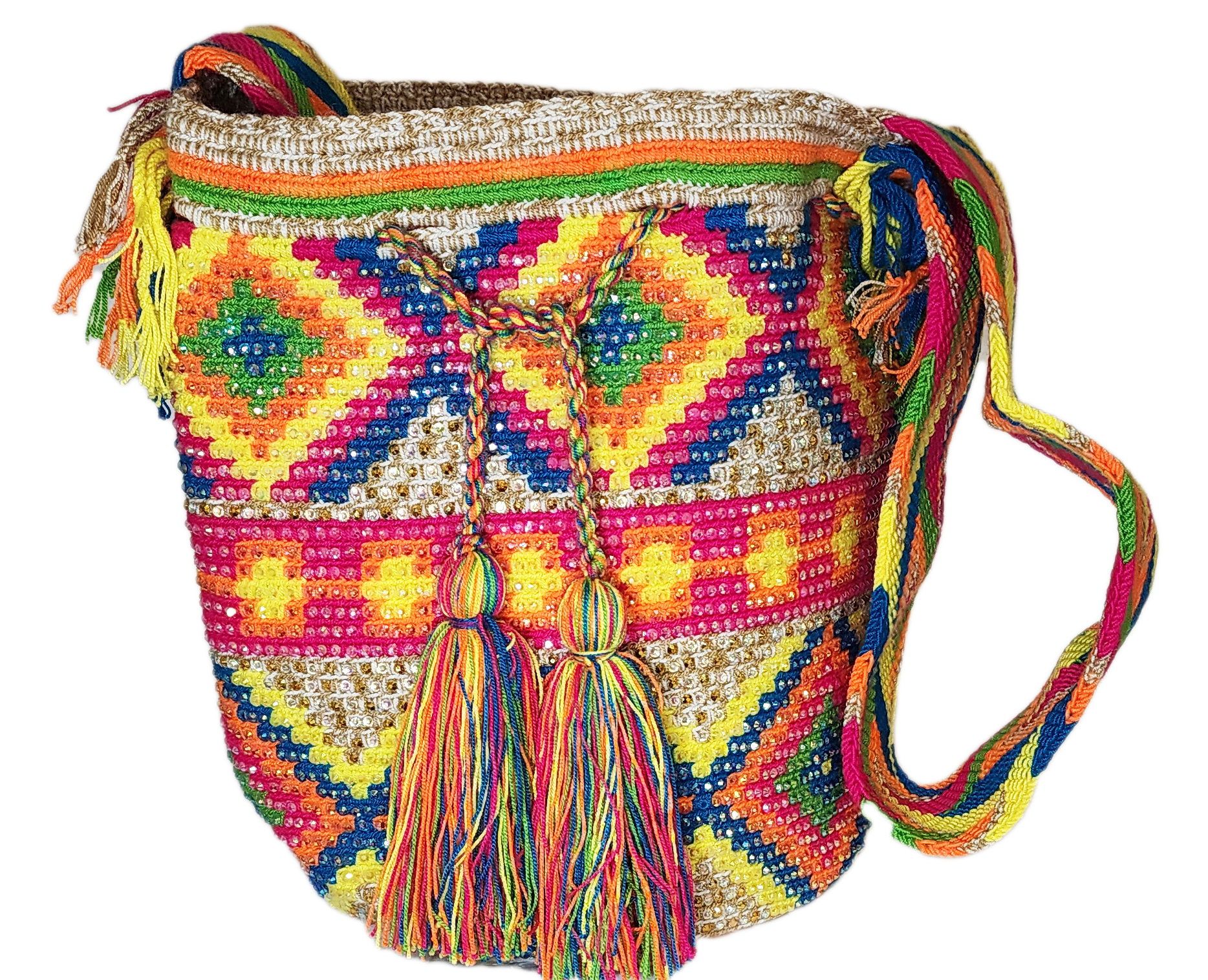 Boho chick bag featuring vibrant woven patterns and hand-applied crystals.
