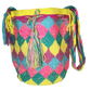 Boho chick bag in vibrant pink, yellow, teal, and blue with crystal accents.

