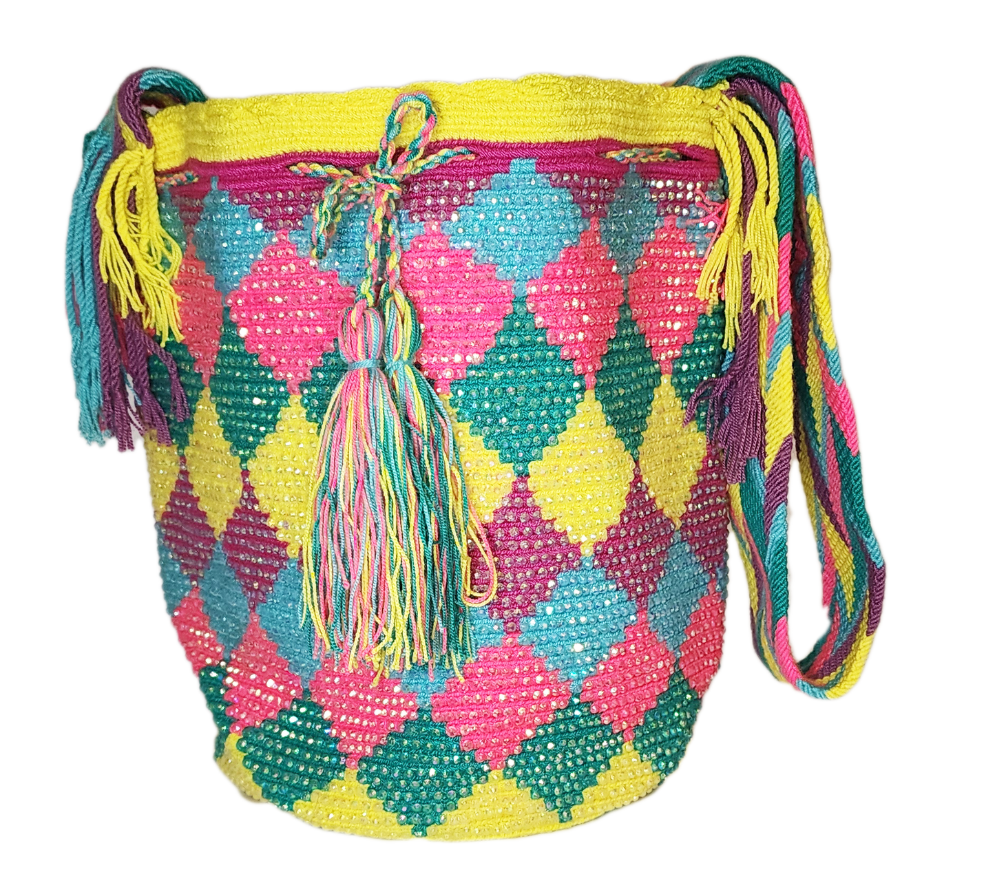 Boho chick bag in vibrant pink, yellow, teal, and blue with crystal accents.

