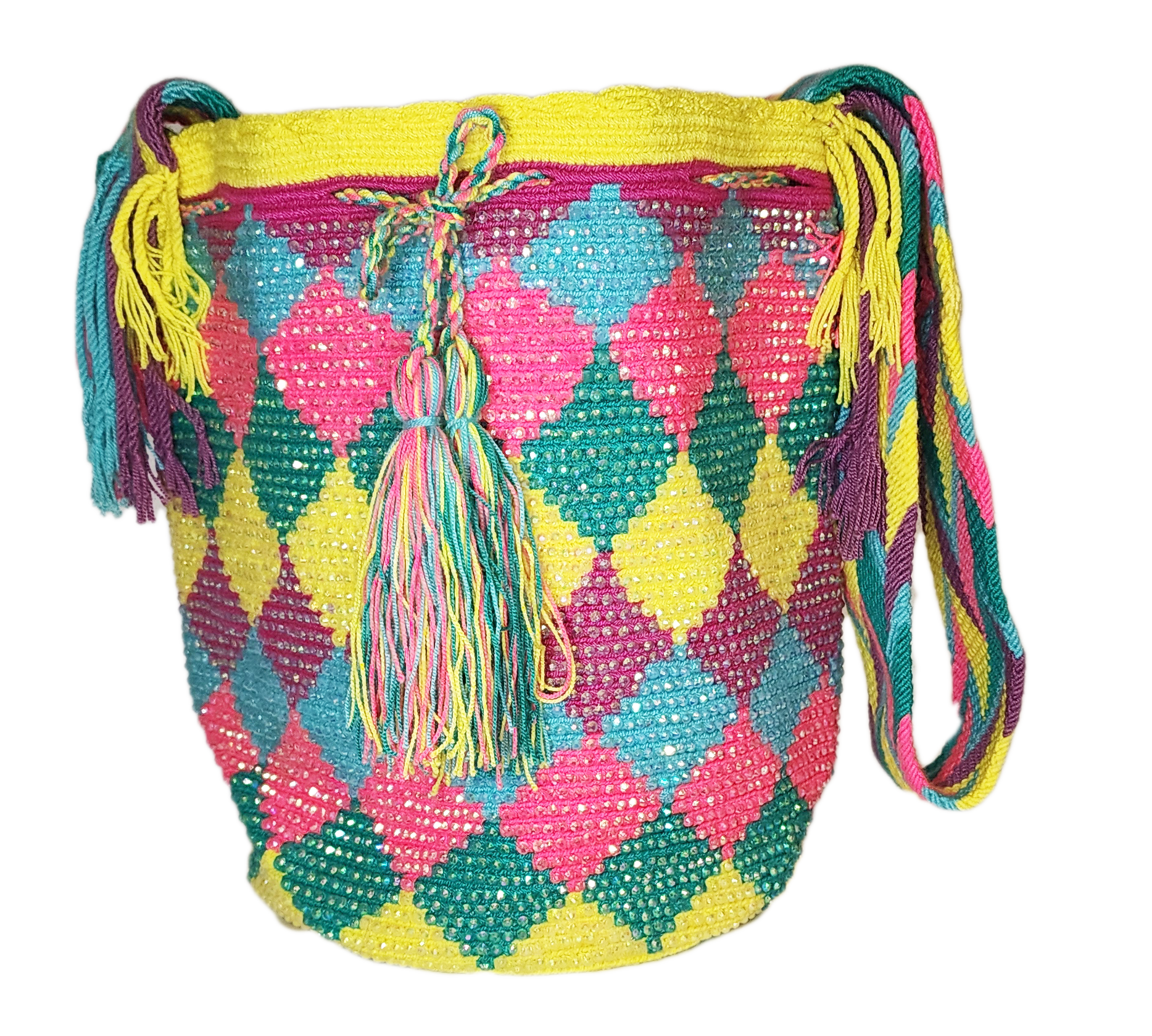 Boho chick bag in vibrant pink, yellow, teal, and blue with crystal accents.

