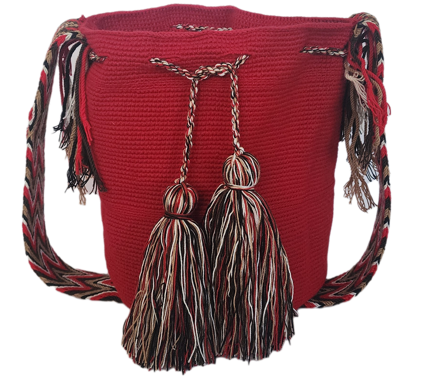 Artisan-crafted Wayuu crochet bag in striking red with handmade tassels — a colorful, Bohemian must-have.