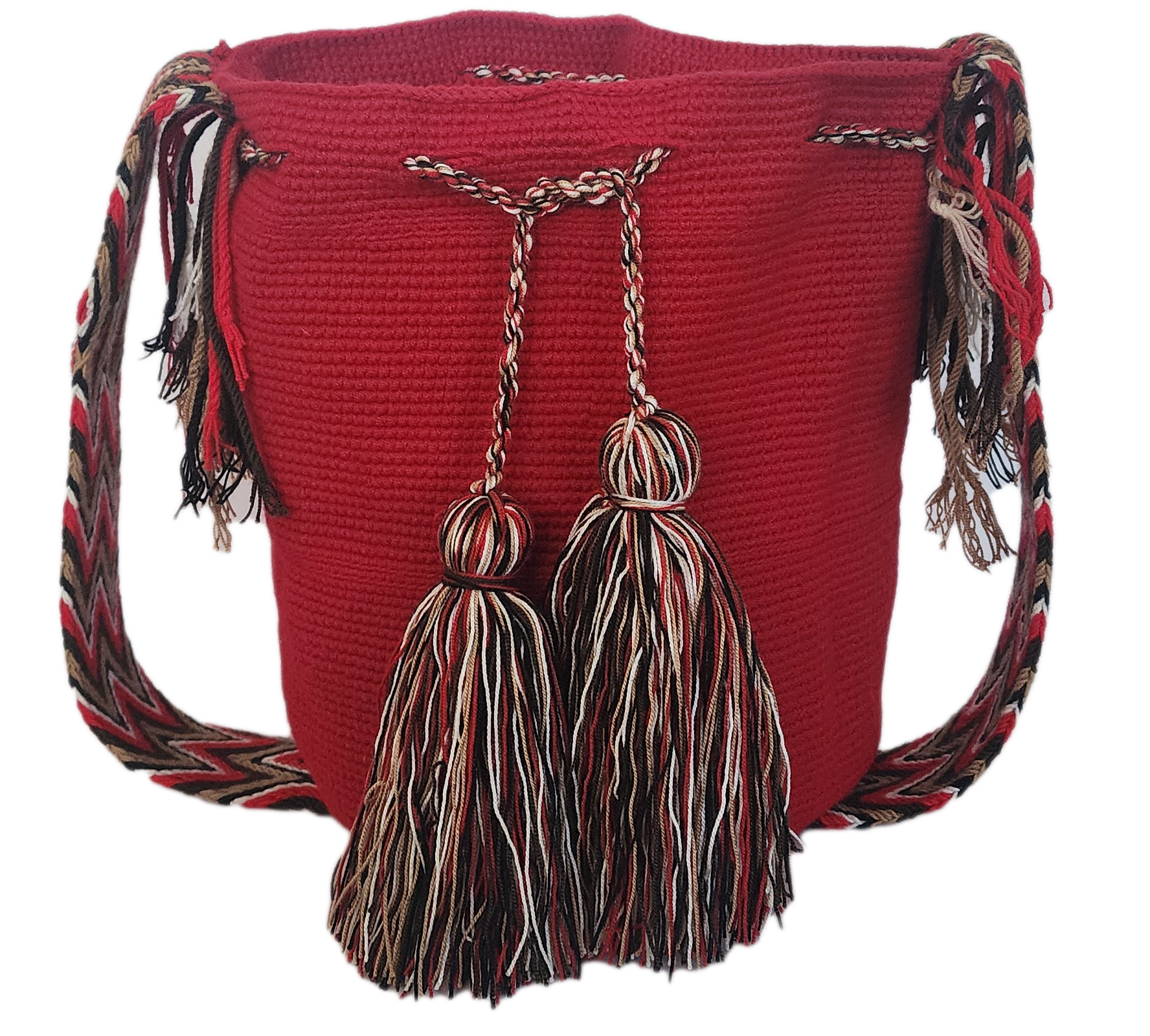 Bottom view Artisan-crafted Wayuu crochet bag in striking red with handmade tassels — a colorful, Bohemian must-have.