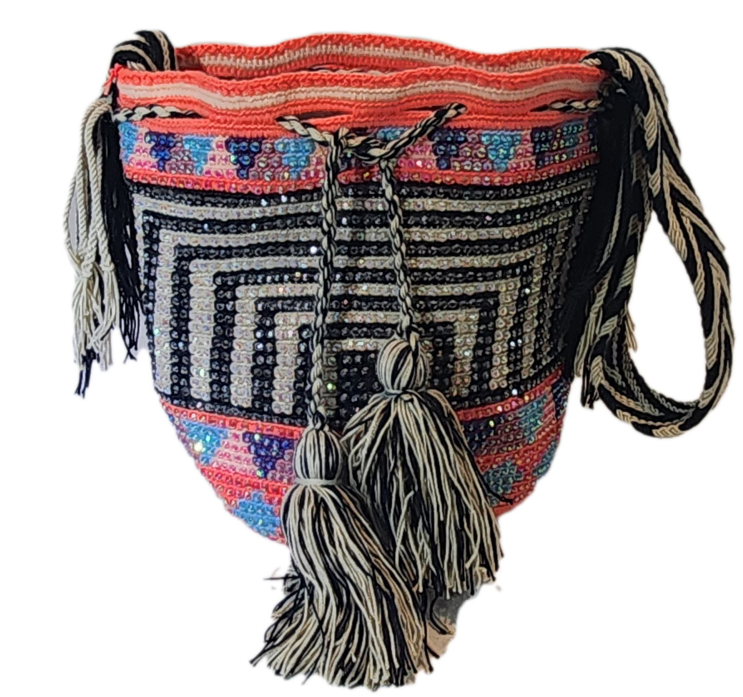 "Handmade colorful Wayuu crochet bag with intricate patterns and adjustable straps, showcasing sustainable and ethical fashio