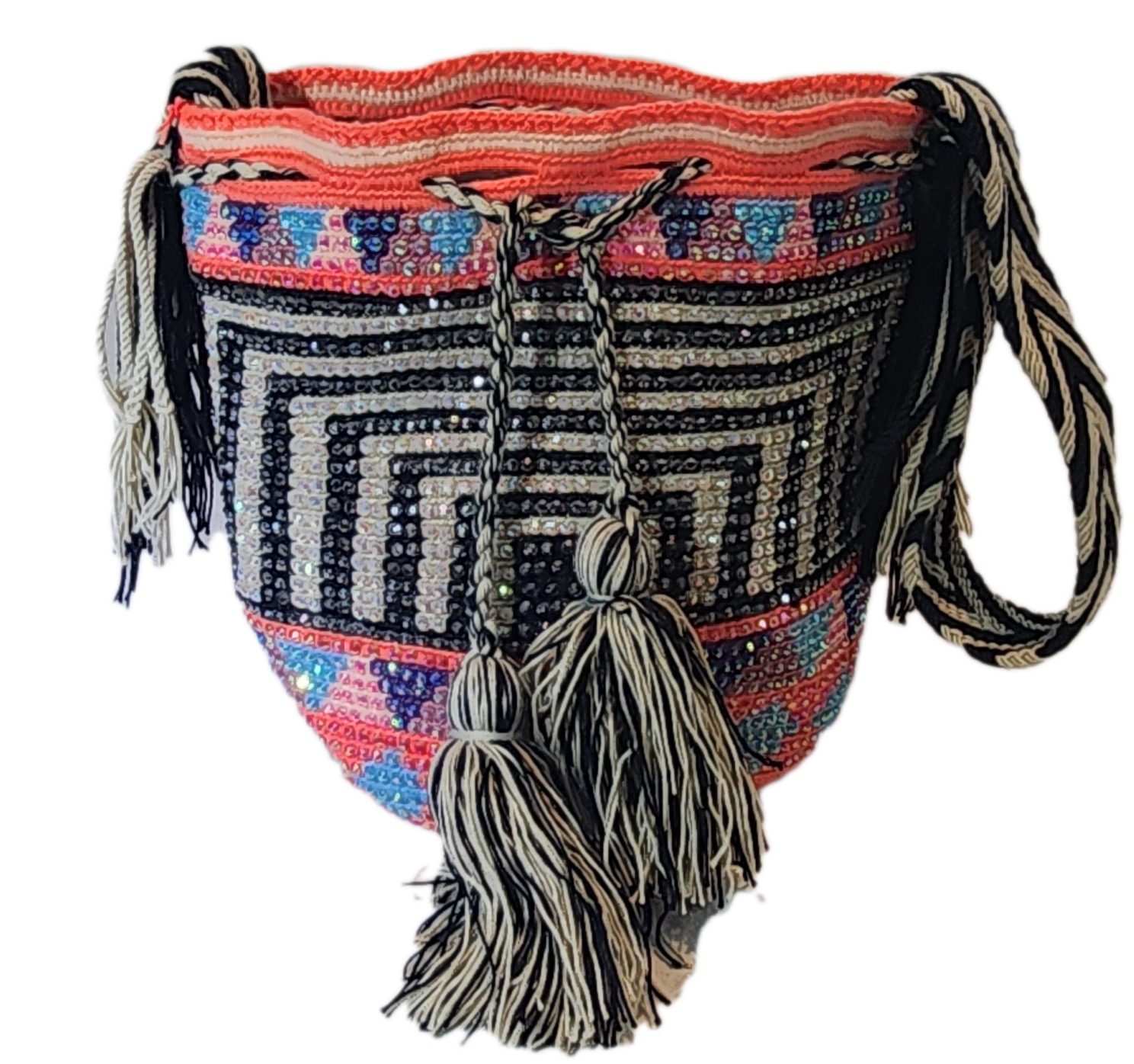 "Handmade colorful Wayuu crochet bag with intricate patterns and adjustable straps, showcasing sustainable and ethical fashio