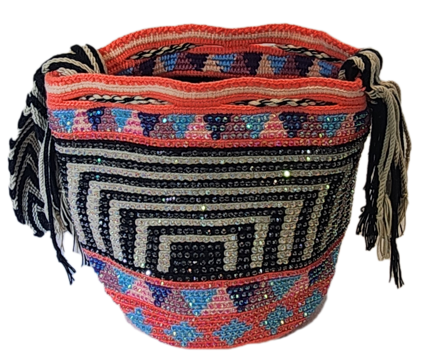 "Handmade colorful Wayuu crochet bag with intricate patterns and adjustable straps, showcasing sustainable and ethical fashio