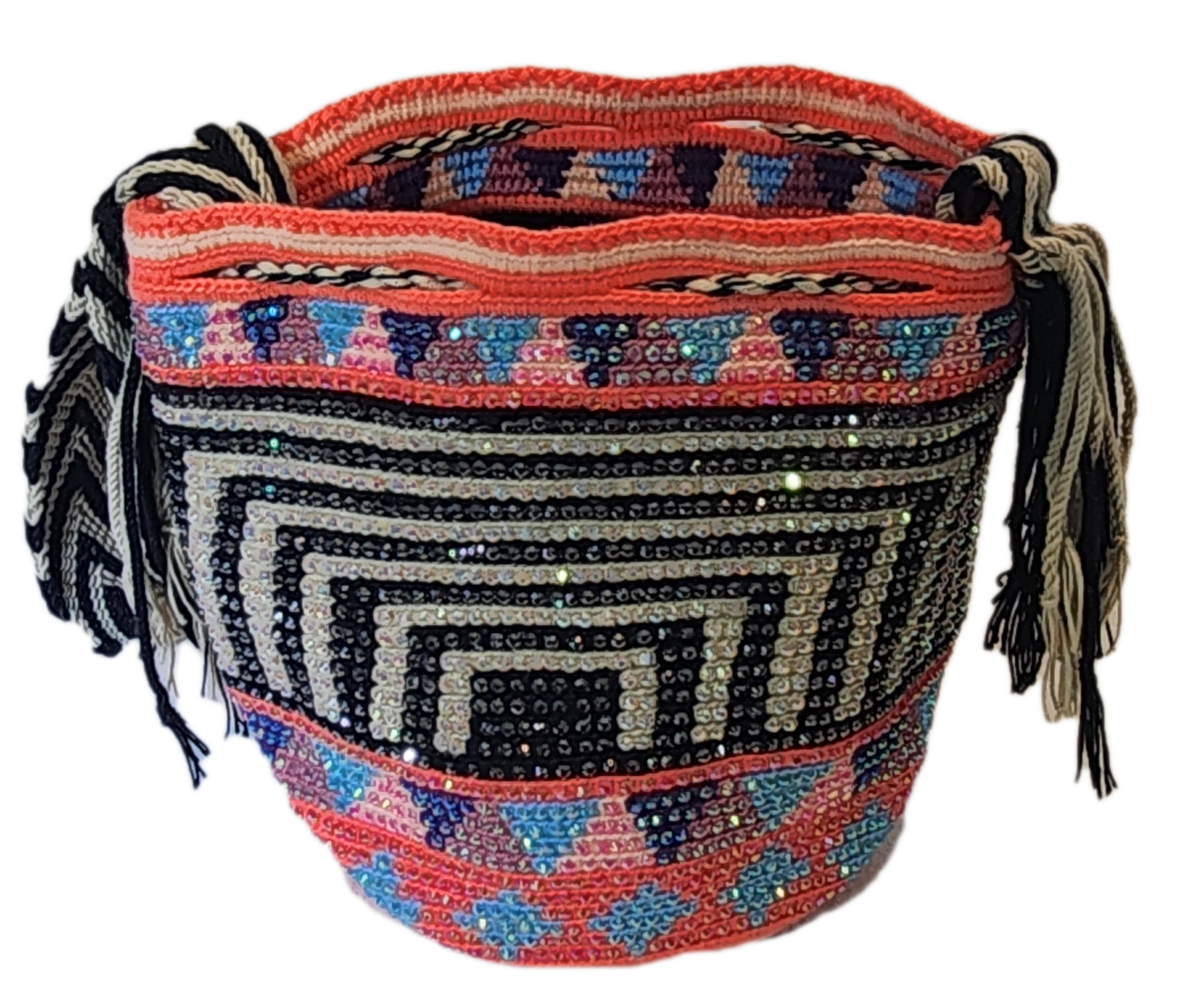 Bottom view "Handmade colorful Wayuu crochet bag with intricate patterns and adjustable straps, showcasing sustainable and ethical fashio